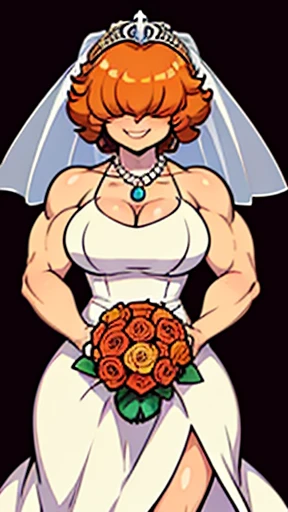  Massive female bodybuilder,High quality,Female ,((,hair covering eyes,fluffy hair,short hair,smile theet)),(muscular,breasts),solo,brown hair,toned,Earrings,Curvy legs,2 arms,pearl necklace,long Wedding dress,Veil in the head,Church,Holds a bouquet of flowers,Heels, in a parish