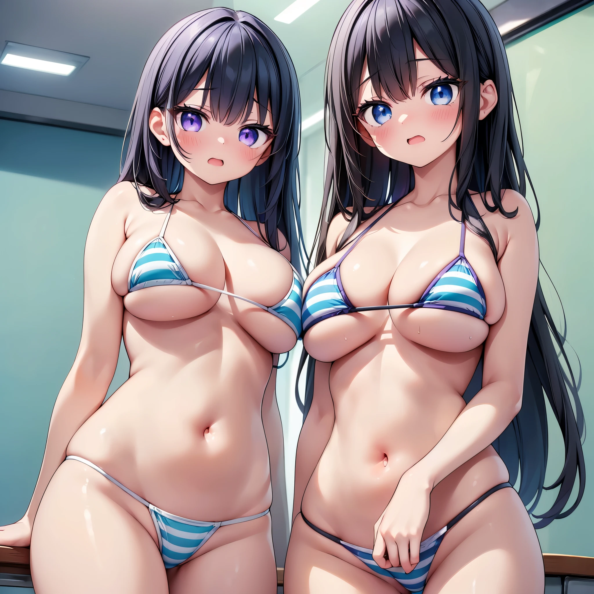 (cute eyes:1.2), (sparkling eyes:1.2), (8K、Best image quality、highest quality、masterpiece)、Detailed face、(2 girls)、Improve、(Black Hair, Purple Eyes, long hair)、(open mouth), (embarrassed), (skinny body:1.3),(huge breasts:1.2),(Light blue striped micro bikini:1.2), Classroom Background,(upper body), (close-up shot of bust:1.3),(from below:1.2)