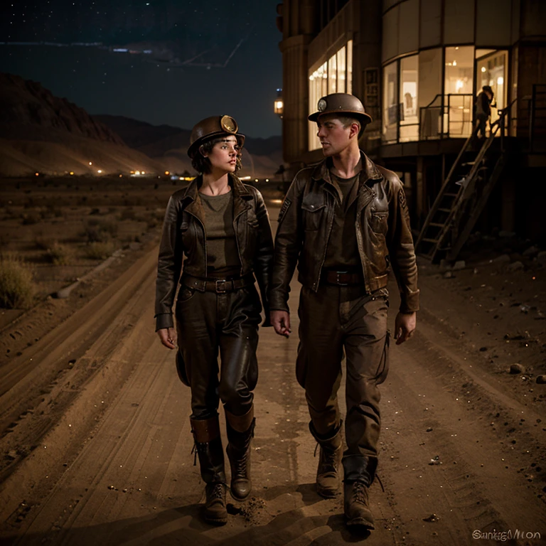 dieselpunk style starry night young boy and a woman walking over a desert tired in dirty miners clothes