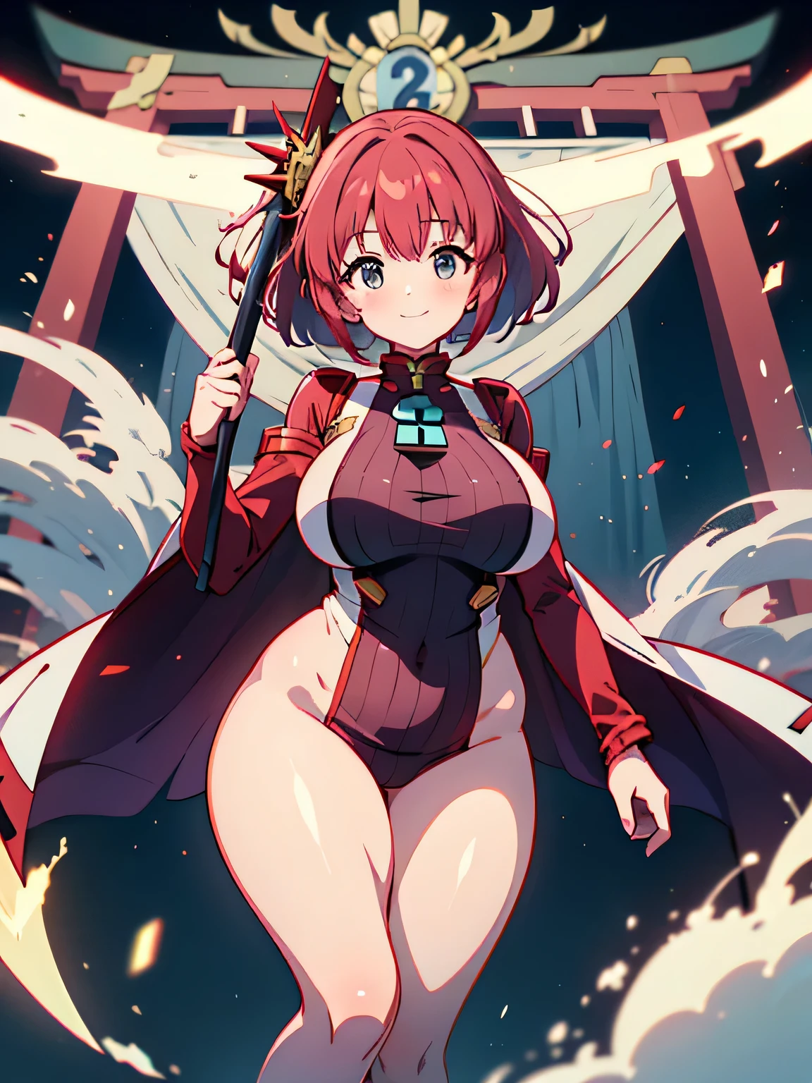 Anime illustration、highest quality、Fantasy、A plump gal shrine maiden with a Japanese sword、Large Torii Gate、Crimson bodysuit、Perfect proportions、Red Hair、Xenoblade Chronicles 2、Homura、Overwhelming big、Thick legs、Beautiful, shining eyes、smile、Noise Reduction