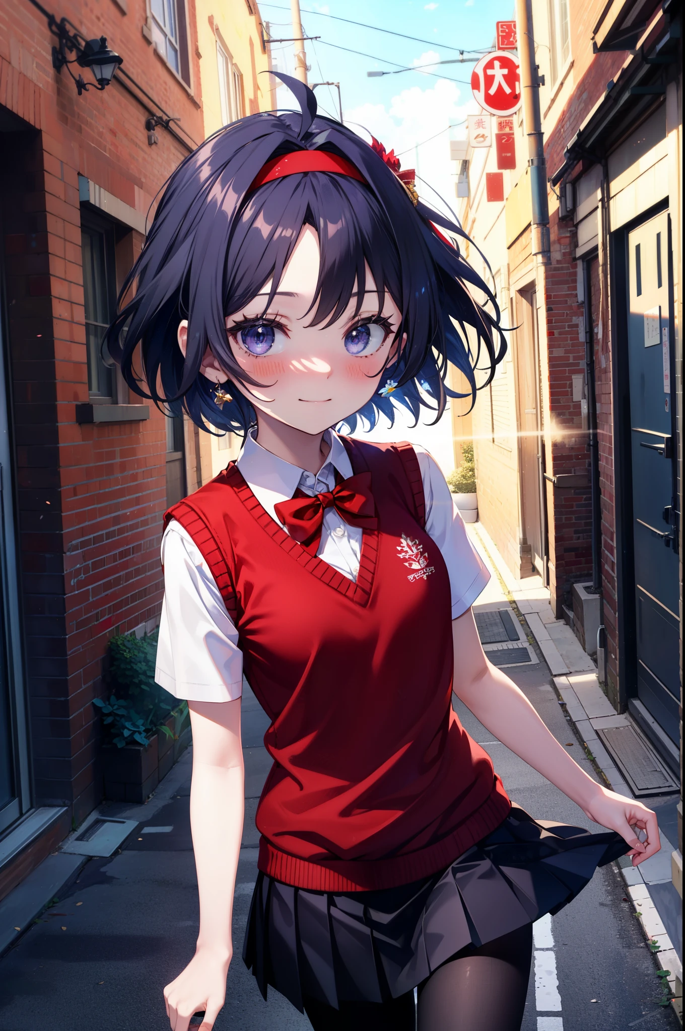 yuukikonno, Yuki Konno,Black Hair,short hair,Bob Hair ,Ahoge,Green Headband,(Iris:1.5), (Small breasts:1.2), smile,break skirt, shirt, bow, ribbon, , white shirt, Short sleeve, Pleated skirt, collared shirt, mini skirt, bowtie, 茶色のloafers , Black Skirt, Black pantyhose, loafers, black bow, Sweater vest, (red Sweater vest:1.5),whole bodyがイラストに入るように,Walking,
break outdoors,  In town,Building district,
break looking at viewer, whole body,
break (masterpiece:1.2), highest quality, High resolution, unity 8k wallpaper, (shape:0.8), (Beautiful details:1.6), Highly detailed face, Perfect lighting, Highly detailed CG, (Perfect hands, Perfect ???????),