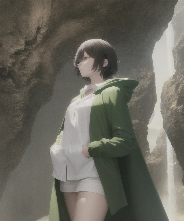 Ryu, One girl, Fairy, short hair, Thigh-high boots, Elbow hand pockets, Green Cape, White shirt, Hooded cloak, Cowboy Shot, dark, Cave Background, beautiful, masterpiece, Perfect Anatomy, Atmospheric, Majestic, High resolution, That's excellent, Very detailed, Complex, Realistic lighting, 4K, (alone:1.2), cute, Semi-realistic, Official Art,