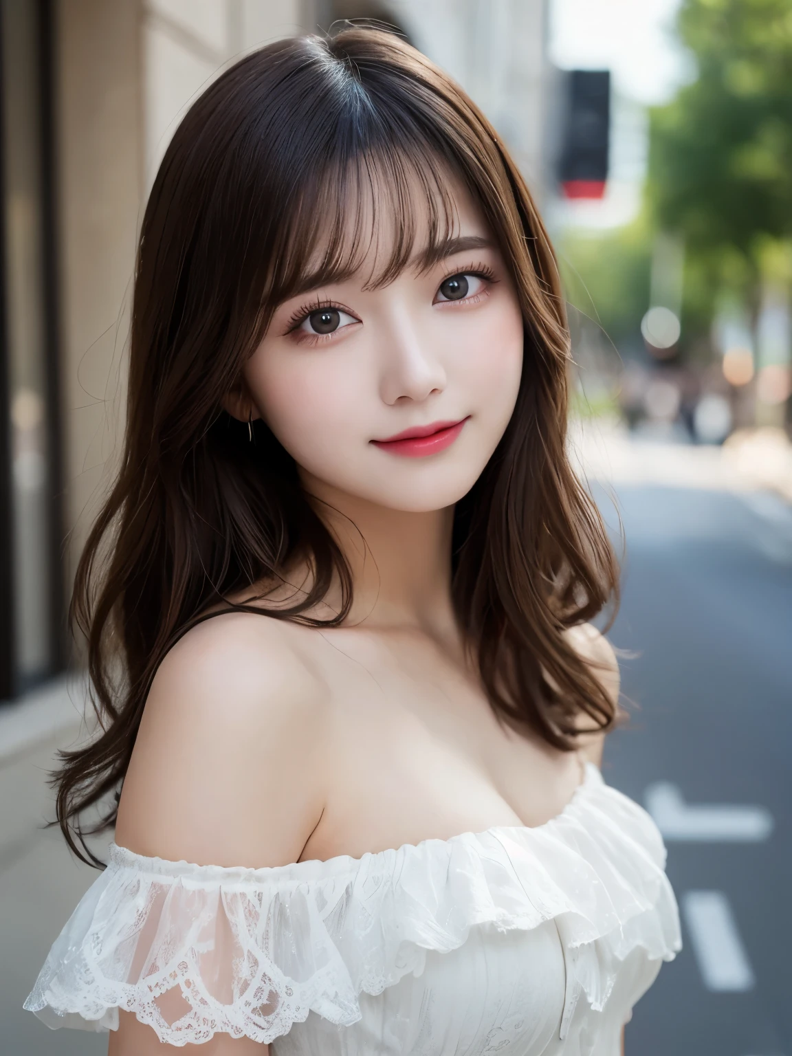 table top, highest quality, shape, Super detailed, finely, High resolution, 8k wallpaper, Perfect dynamic shape, beautiful and detailed eyes, small , natural color lip, random sexy posmile、20 year old girl、midnight、Beautiful and dense face、perfect and beautiful face,Big eyes、real photos(best image quality),Sheer off-shoulder dress、looking at camera、Please stand、Do gal makeup,blurred background