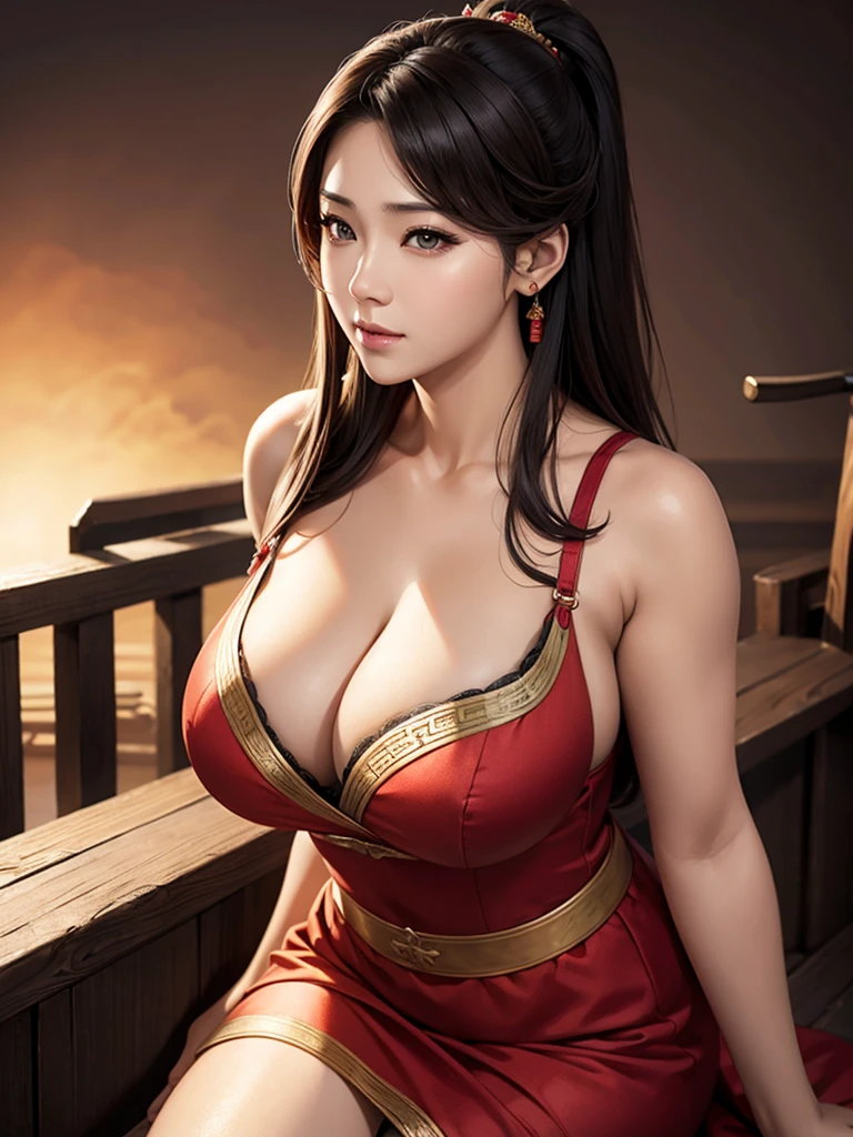 Three Kingdoms, adult, female, Detailed description, realistic, 매우 아름다운 female, korean, beautiful chinese background, cleavage exposed, ultra high definition, black eyes, natural eyes, realistic 얼굴 라인, Beautiful bridge lines, sexy, full body photo, realistic 신체 비율, correct eye proportions, front view, Realistic and slim face, natural hair color