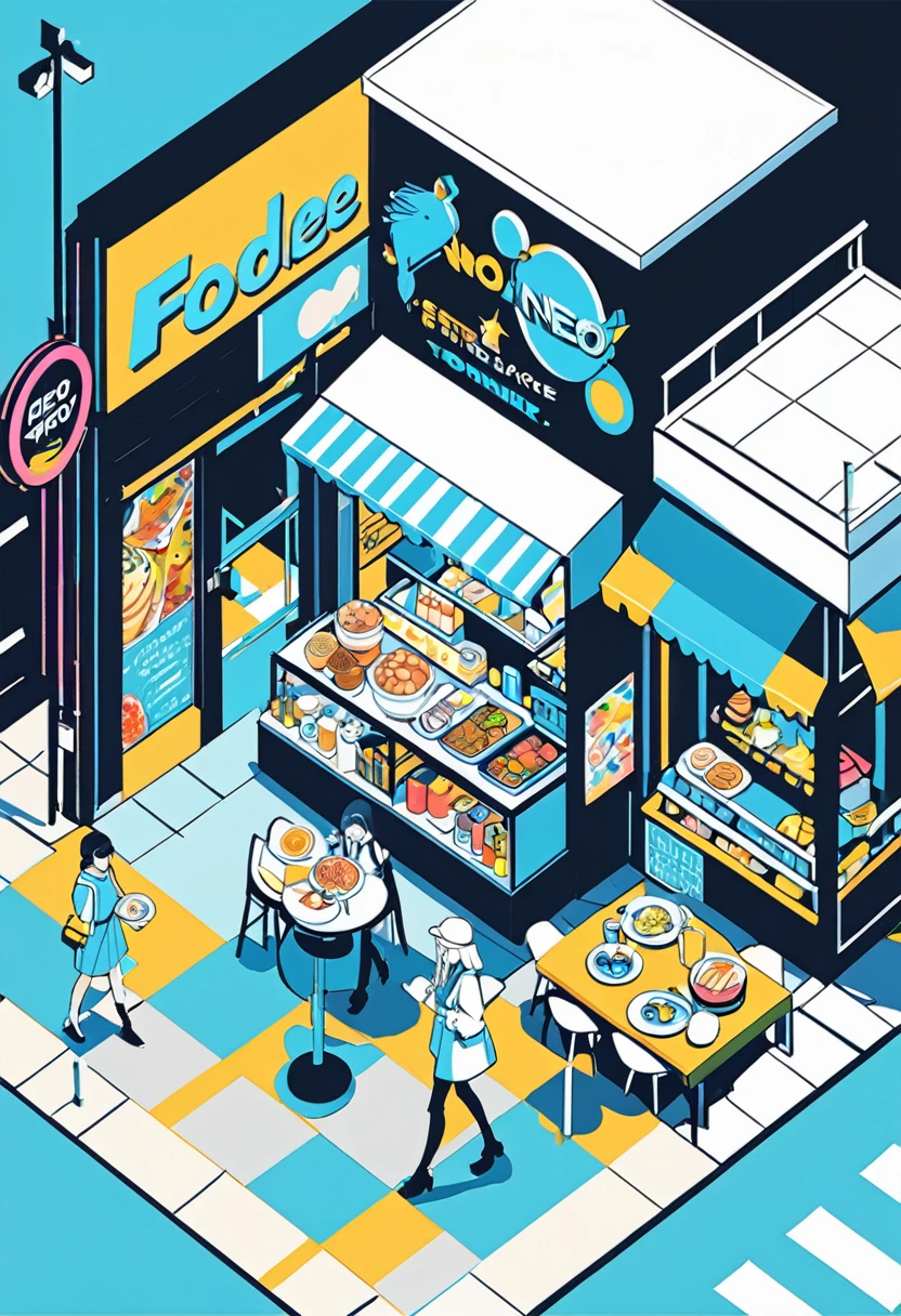 simple,blankspace,flat color,isometric minimalist design,(foodie girl on street), Employ neo-pop style illustrations, minimalist canvases, and animated visuals, using white and blue palette,