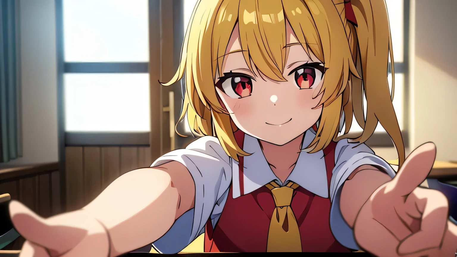 Anime Style、highest quality, One Girl, alone, (Flandre Scarlett staring at camera)、Expressive、Face close-up、Beautiful Face、((Short sleeve))、、Childish、dress style shirt、Smiling to put others at ease、To comfort someone、A pose with both hands outstretched in front of you, waiting for the other person、Pose with arms outstretched in front、Classroom after school、The sunlight is coming through the window