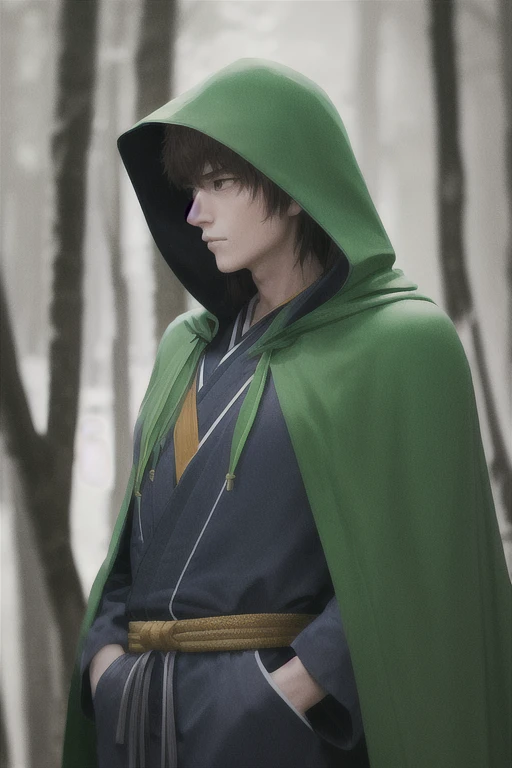 Ryu, Elbow hand pockets, Green Cape, Hooded cloak, Forest Background, Bokeh, Medium Shot, Very detailed, beautiful, masterpiece, Perfect Anatomy, [[Award-winning photography, Macro Photography Vivid Colors]], Atmospheric, Majestic, High resolution, That&#39;s excellent, Very detailed, Complex, Realistic lighting, 4K, (alone:1.2), (cute:1.1), (Anime screenshots), 