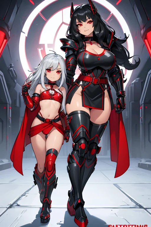 female, silver long hair, red eyes, (((1girl))), (((red futuristic armor))), (black cybernetic gauntlets), (black cybernetic boots), (red sarong skirt), (black belt), (black choker with ruby), cute and sexy, full body, huge breasts, large butt, long legs, smiling