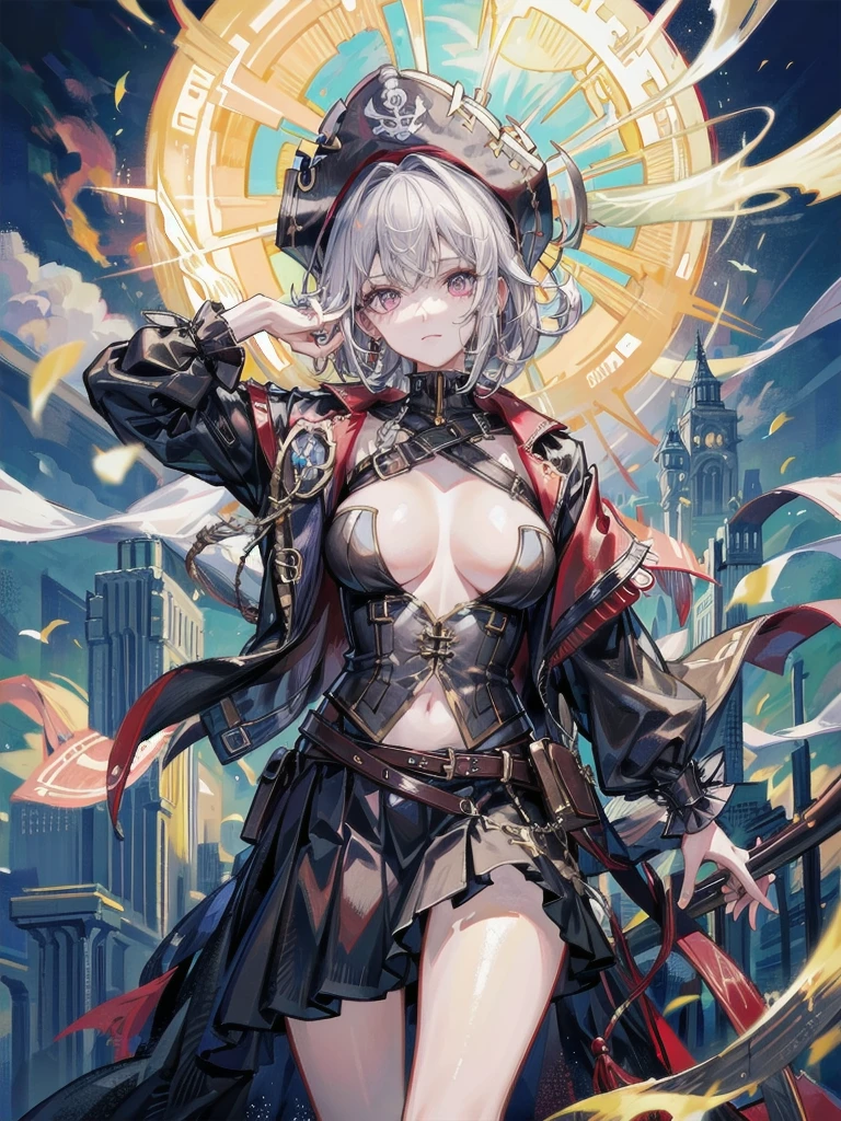 (Practical pirate clothing), Long-sleeved pirate top, Skirt, torn pirate hat, absurdres, RAW photo, extremely delicate and beautiful, masterpiece, Best Quality, ultra high resolution, 32k, hyperrealistic, ultra-detailed, detailed description, pale skin, 20 years old, tearful mole, earring, big tits, short medium hair, wavy hair, whole body shot,