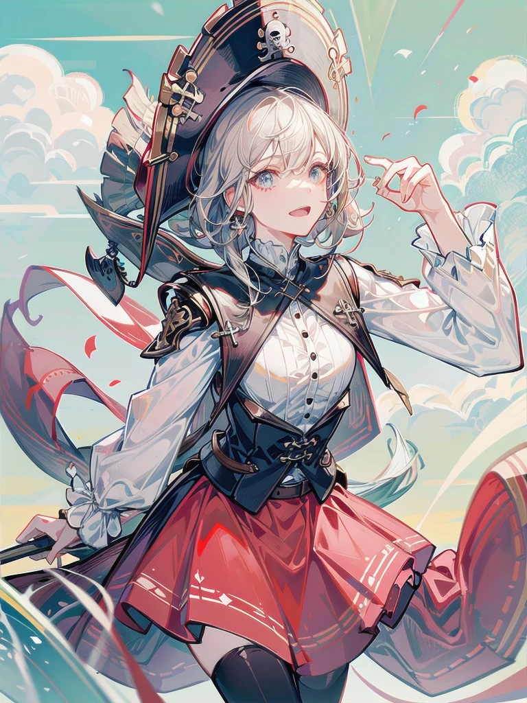 (Practical pirate clothing), Long-sleeved pirate top, Skirt, torn pirate hat, absurdres, RAW photo, extremely delicate and beautiful, masterpiece, Best Quality, ultra high resolution, 32k, hyperrealistic, ultra-detailed, detailed description, pale skin, 20 years old, tearful mole, earring, big tits, short medium hair, wavy hair, whole body shot,