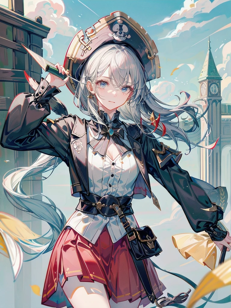 (Practical pirate clothing), Long-sleeved pirate top, Skirt, torn pirate hat, absurdres, RAW photo, extremely delicate and beautiful, masterpiece, Best Quality, ultra high resolution, 32k, hyperrealistic, ultra-detailed, detailed description, pale skin, 20 years old, tearful mole, earring, big tits, short medium hair, wavy hair, whole body shot,