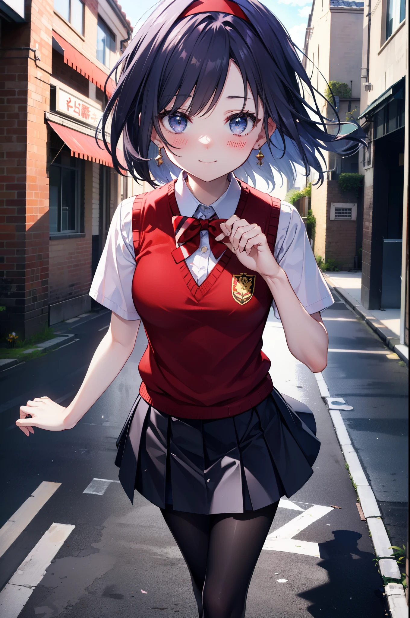 yuukikonno, Yuki Konno,Black Hair,short hair,Bob Hair ,Green Headband,(Iris:1.5), (Small breasts:1.2), smile,break skirt, shirt, bow, ribbon, , white shirt, Short sleeve, Pleated skirt, collared shirt, mini skirt, bowtie, 茶色のloafers , Black Skirt, Black pantyhose, loafers, black bow, Sweater vest, (red Sweater vest:1.5),whole bodyがイラストに入るように,Walking,
break outdoors, In town,Building district,
break looking at viewer, whole body,
break (masterpiece:1.2), highest quality, High resolution, unity 8k wallpaper, (shape:0.8), (Beautiful details:1.6), Highly detailed face, Perfect lighting, Highly detailed CG, (Perfect hands, Perfect ???????),