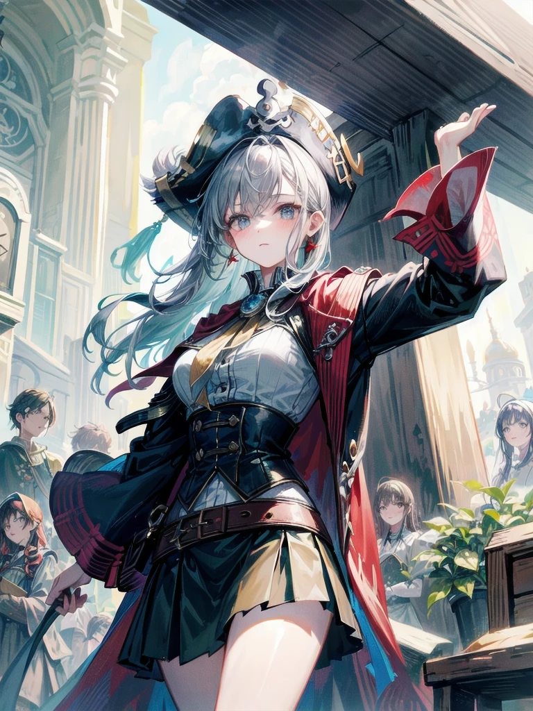 (Practical pirate clothing), Long-sleeved pirate top, Skirt, torn pirate hat, absurdres, RAW photo, extremely delicate and beautiful, masterpiece, Best Quality, ultra high resolution, 32k, hyperrealistic, ultra-detailed, detailed description, pale skin, 20 years old, tearful mole, earring, big tits, short medium hair, wavy hair, whole body shot,