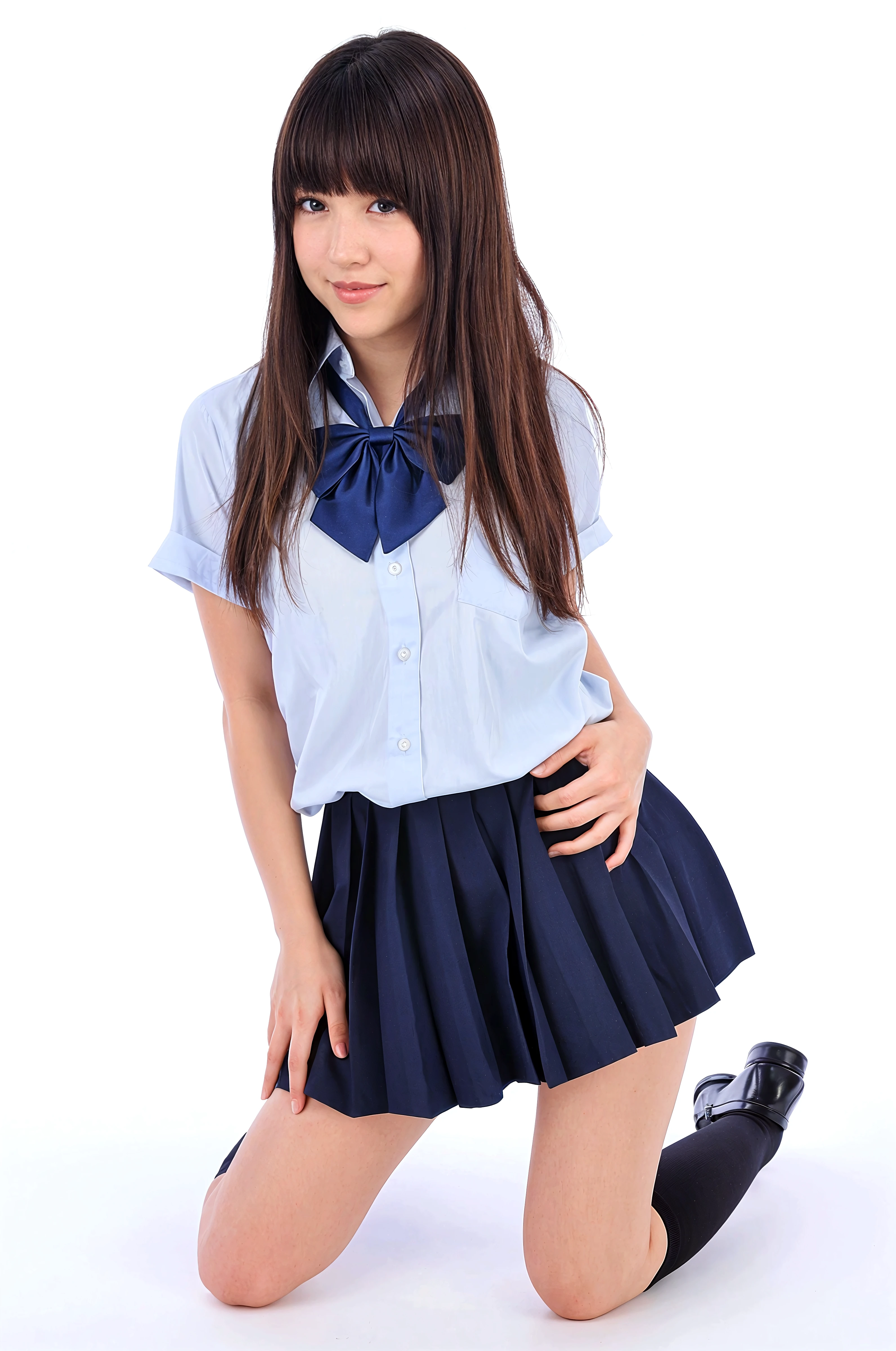 (8k、RAW Photos、Highest quality、masterpiece:1.2)、(Realistic、Realistic)、1 person、((View from the front、light blue、Looking into the camera、check、boots、mini skirt、High school uniform、、Standing with one hand on hip、Frills、))、cute