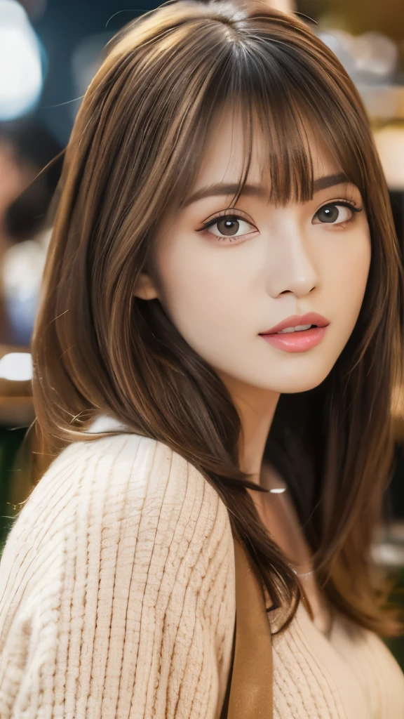 Best quality, 8k,  ,Masterpiece :1.3)), facing viewer,((full body1.2)) ,pretty woman, wide shot ,1girl, ,  café,,  , brown hair  , bangs,ultra-detailed face, highly detailed lips, detailed eyes, double eyelid