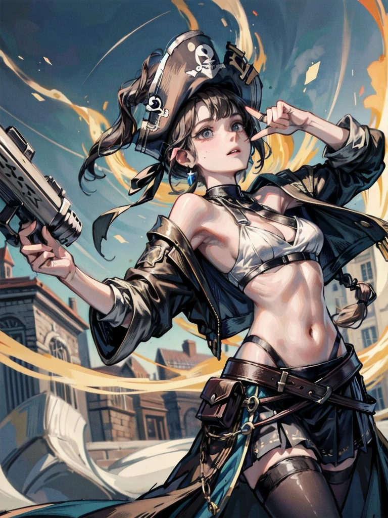 (Practical pirate clothing), Long-sleeved pirate top, Skirt, torn pirate hat, absurdres, RAW photo, extremely delicate and beautiful, masterpiece, Best Quality, ultra high resolution, 32k, hyperrealistic, ultra-detailed, detailed description, pale skin, 20 years old, tearful mole, earring, big tits, short medium hair, wavy hair, whole body shot,