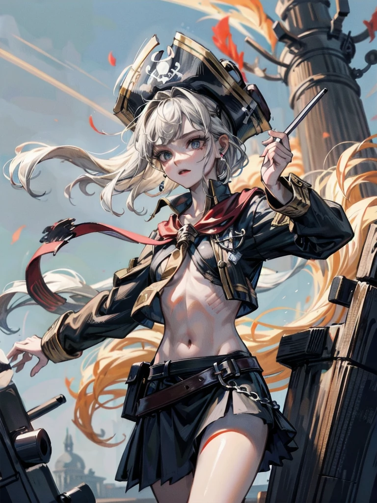 (Practical pirate clothing), Long-sleeved pirate top, Skirt, torn pirate hat, absurdres, RAW photo, extremely delicate and beautiful, masterpiece, Best Quality, ultra high resolution, 32k, hyperrealistic, ultra-detailed, detailed description, pale skin, 20 years old, tearful mole, earring, big tits, short medium hair, wavy hair, whole body shot,