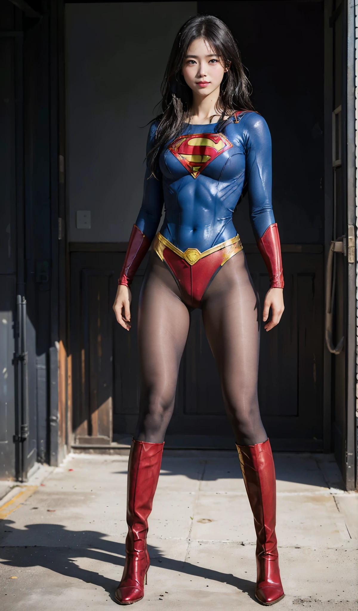 No background、(((Beautiful legs in black tights.)))、(((Legally express the beauty of your smile)))、((((Make the most of your original images)))、(((Supergirl Costume)))、(((Beautiful Hair)))、(((suffering)))、(((Please wear black tights....、Wear red boots)))、((Best image quality、8k))、((highest quality、8k、masterpiece:1.3))、(((Preserve background )))、Sharp focus:1.2、Beautiful woman with perfect figure:1.4、Slim Abs:1.2、Wet body:1.5、Highly detailed face and skin texture、8k