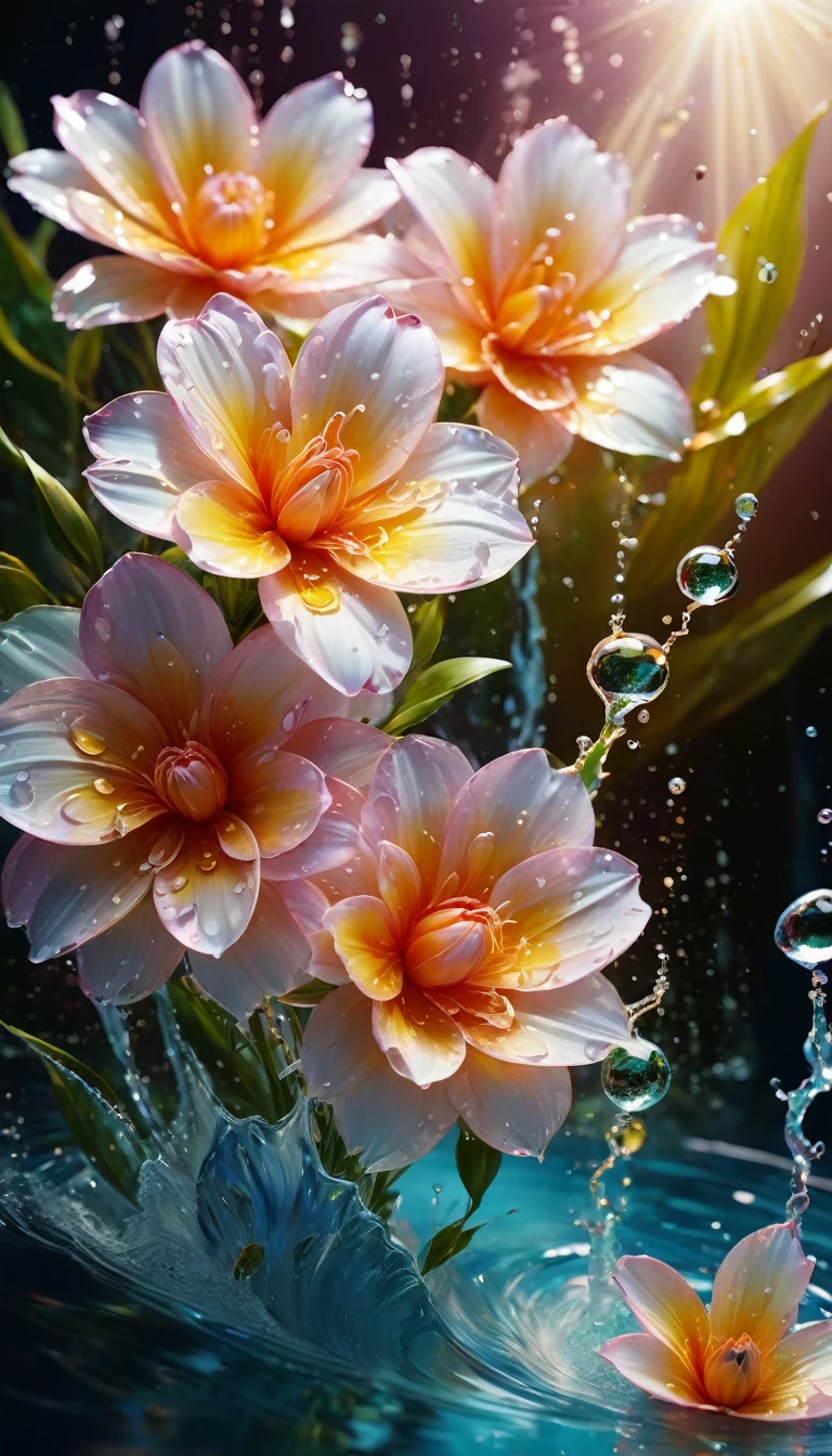 (((detalhe intrincado:1.4))), (((detalhe extremamente insano:1.4))),(((mais alta qualidade:1.3))), (((Cores suaves 4k arte digital altamente detalhada:1.3))). | Close-up of delicate water splash that turns into magical flower, how water splashes reflect light, each splash detailed and rendered with a masterful gouache technique,cercado por uma atmosfera misteriosa de arte de luz e sombra, water splashes everywhere, Great Atmosphere, iluminar sutilmente,Arte de fantasia Behance,surreal, your beauty and strength captured,Gives a majestic aura.