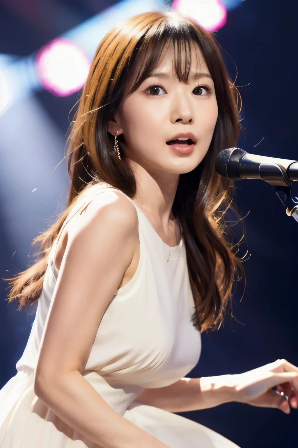 Masterpiece, High quality, high resolution, Skinny Japanese woman, 30 years old, cute face, ((detailed face, detailed eyes)), small breasts, very thin waist, slender legs, singing on the stage in her concert, beautiful dress, 