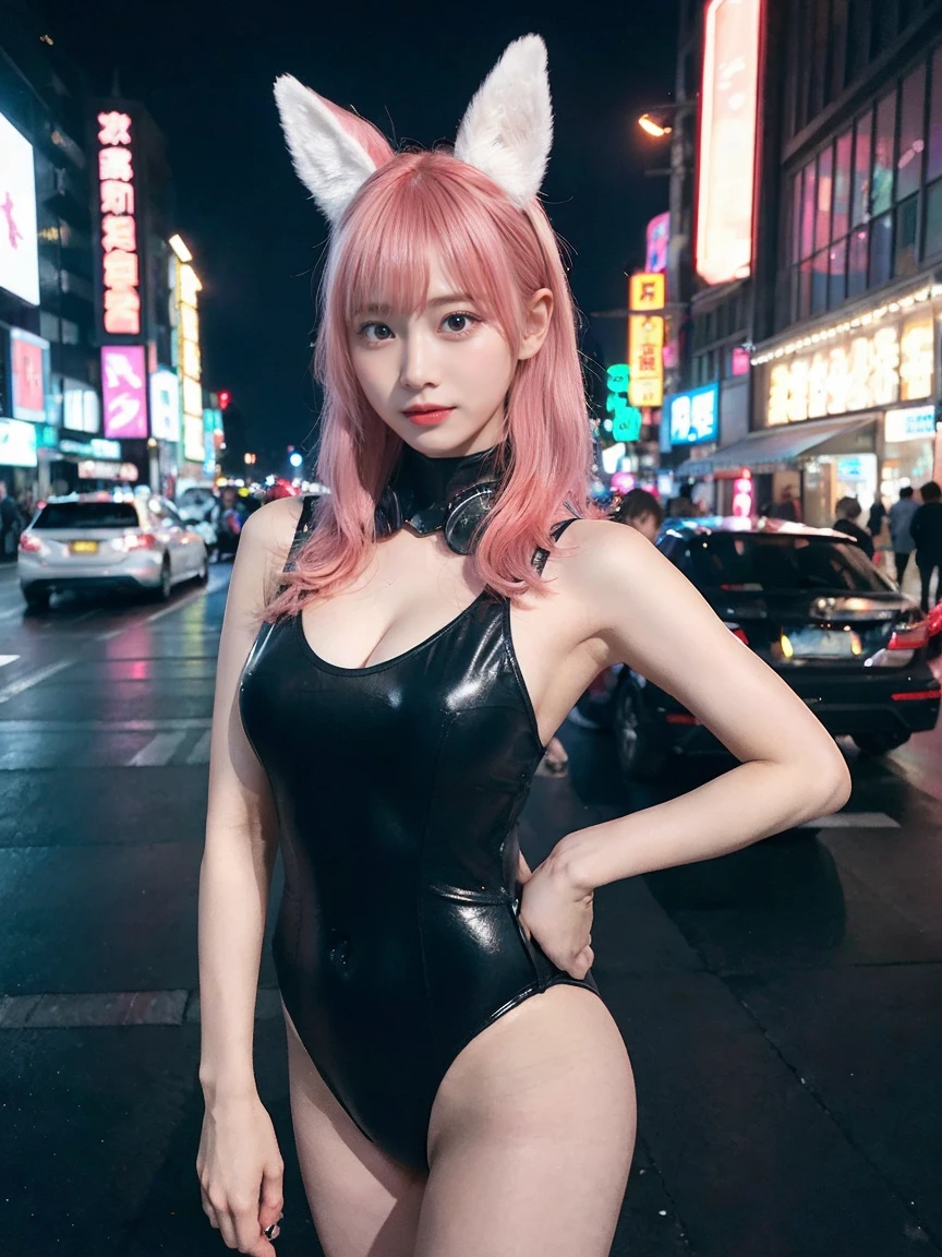 最high quality, masterpiece, 32k、Very detailed、Realistic、1 girl, Japanese women、Cute Face, (photo Actual:1.3),Bob Hair(red pink hair color、Pink Hairstyles)、Edge lighting, (Skin with attention to detail:1.2), 8k超High resolution, Single-lens reflex camera, high quality, High resolution, 4K, 8k, Optimal ratio of four fingers to one thumb, (Actual:1.3), cute 1 girl, Realistic、Super Realistic、32k、Very detailed、masterpiece, 最high quality, beautiful girl, beauty、Mecha, Beautiful lighting, (Neon Light:1.2), (night:1.5), Bunny Girl Costume(leotard、High Grade、)、Cyberpunk Costume、Large Breasts(Big Tits、With a valley)Cat ear headphones、Are standing、Cyber Neon、Future City、Skyscraper、都会のnight、Shanghai、Big cities、night景、綺麗なnight景