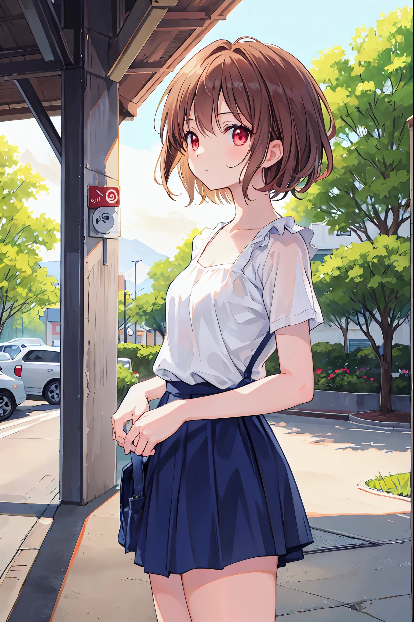 Anime girl in a short skirt standing on a sidewalk - SeaArt AI