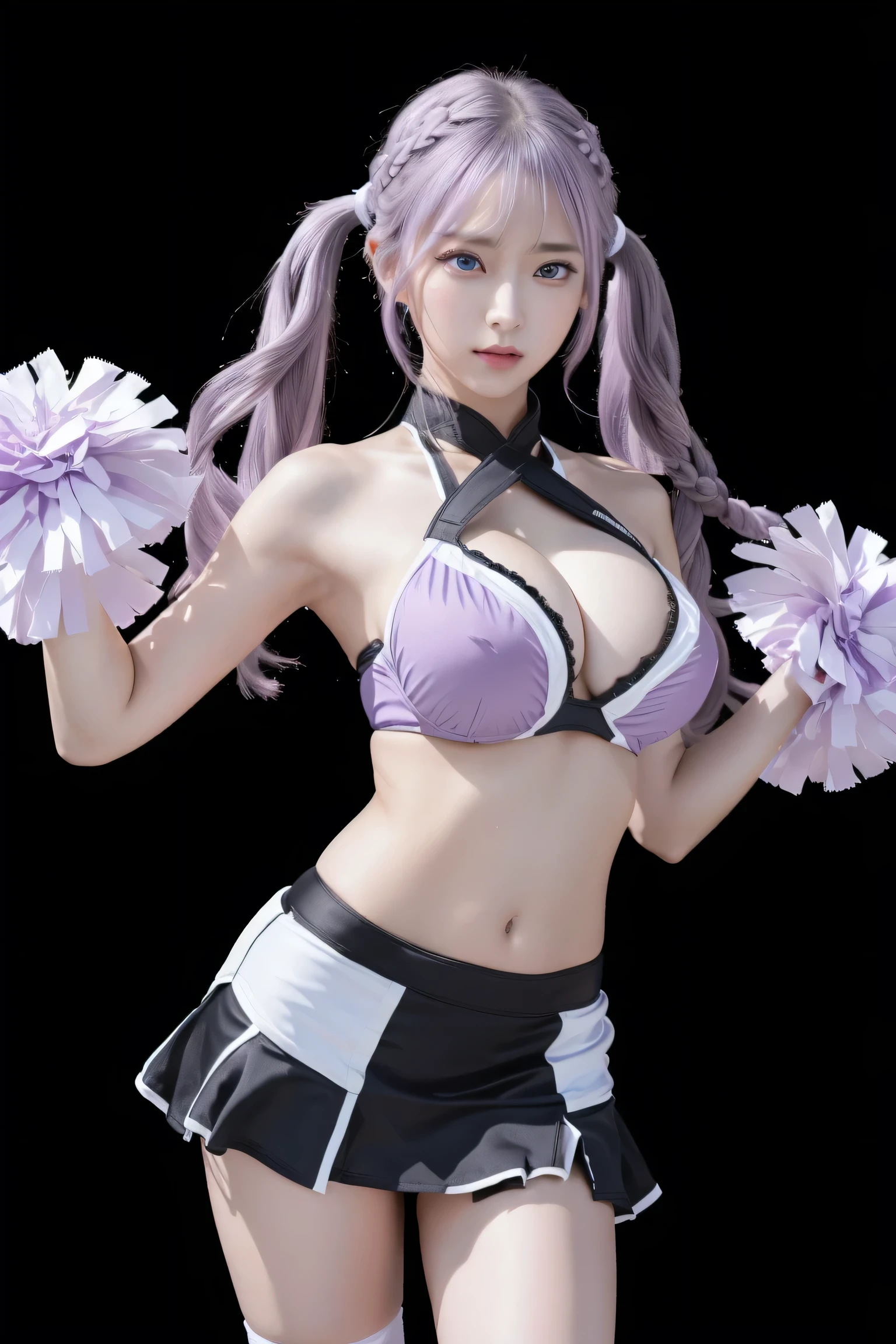 (8k, ultra high resolution, highest quality, masterpiece: 1.2), super detailed, alone, beautiful detailed face, perfect anatomy, one girl, alone, dynamic angle, dancing, ((cheerleader )),(Outdoor),Mullet hairstyle,Navel,(Look at armpit),(Stadium),(Cheer dance)(Slender body),(Beautiful fine eyes: 1.3),(Long hair),18 years old, Cute girl, Cute girl, masterpiece, top quality, clear face, perfect anatomy, wet, realistic face, realistic, dynamic side lighting, perfect lighting, dynamic pose, dynamic angle, shiny silver hair, gloss Fair skin, (RAW photo, highest quality),
(Realistic, photo-realistic:1.5),
masterpiece,
very delicate and beautiful,
very detailed,
CG,
unity,
8k wallpaper,
wonderful,
In detail,
super detailed,
High resolution,
very detailed,
Very detailed eyes and face,((bikini)),(huge breasts:1.3),Sakura,(KPOP idol),(long twin tails),(light purple hair):1),((big eyes)),staring, BREAK ((upper body: 1.3)), front view, long flowing silver hair, slender physique, black and white costume, thigh high boots, character wearing gloves.