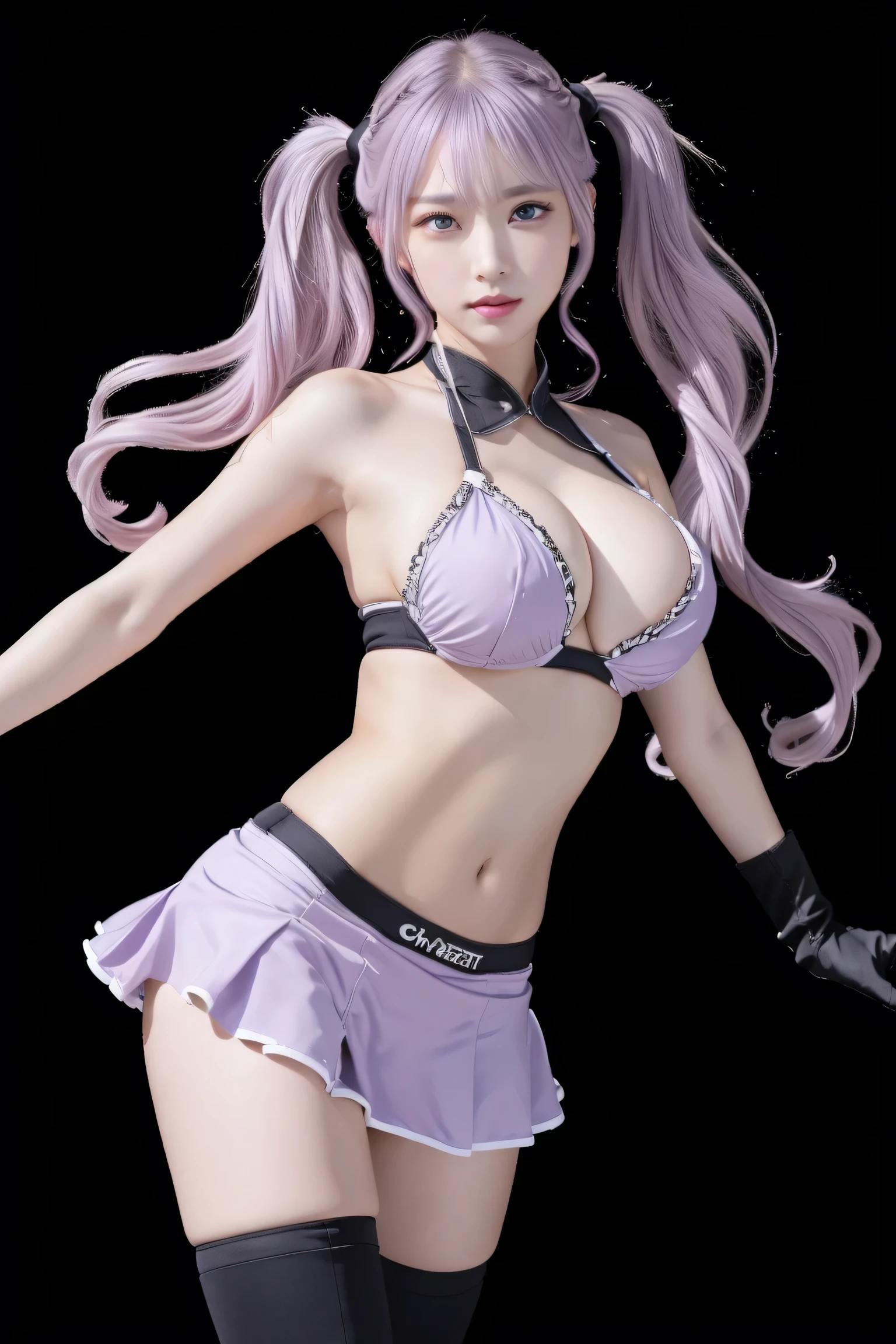 (8k, ultra high resolution, highest quality, masterpiece: 1.2), super detailed, alone, beautiful detailed face, perfect anatomy, one girl, alone, dynamic angle, dancing, ((cheerleader )),(Outdoor),Mullet hairstyle,Navel,(Look at armpit),(Stadium),(Cheer dance)(Slender body),(Beautiful fine eyes: 1.3),(Long hair),18 years old, Cute girl, Cute teen girl, masterpiece, top quality, clear face, perfect anatomy, wet, realistic face, realistic, dynamic side lighting, perfect lighting, dynamic pose, dynamic angle, shiny silver hair, gloss Fair skin, (RAW photo, highest quality),
(Realistic, photo-realistic:1.5),
masterpiece,
very delicate and beautiful,
very detailed,
CG,
unity,
8k wallpaper,
wonderful,
In detail,
super detailed,
High resolution,
very detailed,
Very detailed eyes and face,((bikini)),(huge breasts:1.3),Sakura,(KPOP idol),(long twin tails),(light purple hair):1),((big eyes)),staring, BREAK ((upper body: 1.3)), front view, long flowing silver hair, slender physique, black and white costume, thigh high boots, character wearing gloves.