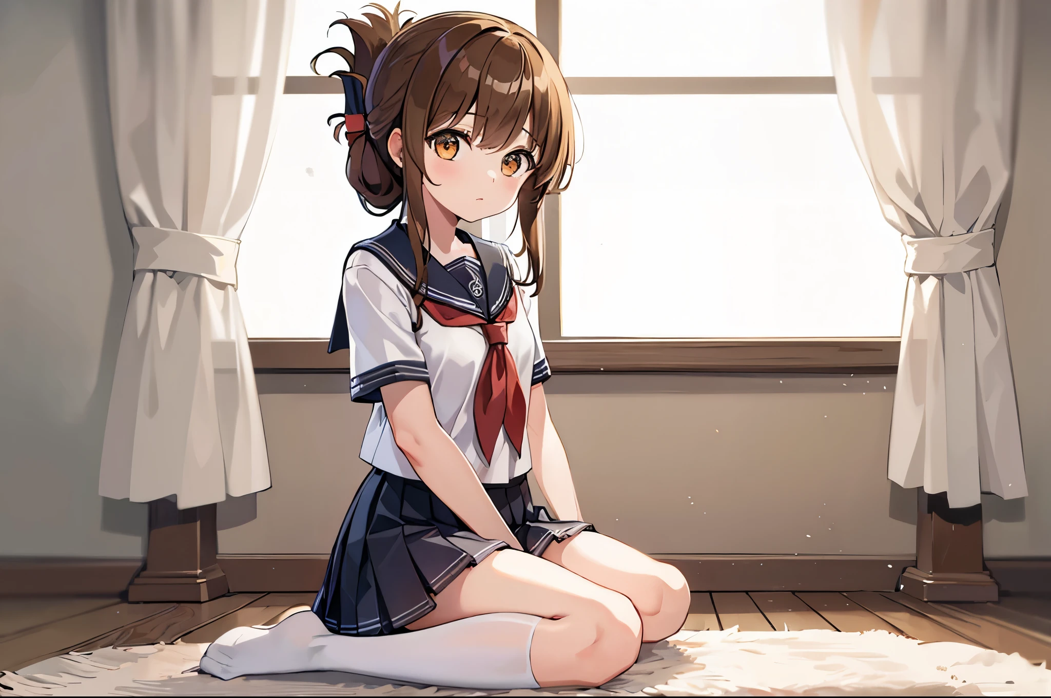 (masterpiece, best quality:1.2),illustration,8k,hd,1girl,solo,upper body,(portrait:1.2),brown_hair,folded_ponytail,brown_eyes,serafuku,long_hair,school_uniform,skirt,pleated_skirt,