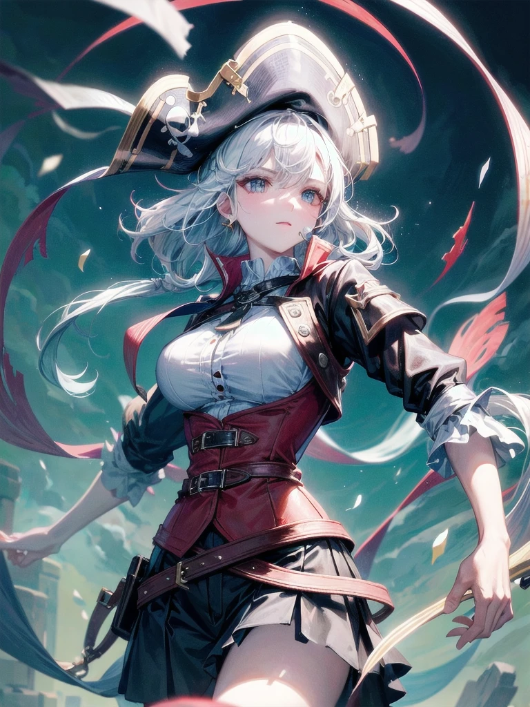 (Practical pirate clothing), Long-sleeved pirate top, Skirt, torn pirate hat, absurdres, RAW photo, extremely delicate and beautiful, masterpiece, Best Quality, ultra high resolution, 32k, hyperrealistic, ultra-detailed, detailed description, pale skin, 20 years old, tearful mole, earring, big tits, short medium hair, wavy hair, whole body shot,