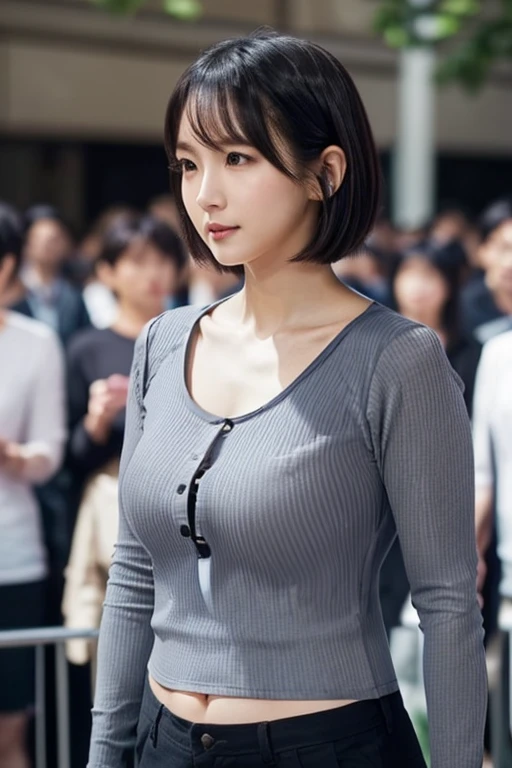 In the crowd、In the crowd、Japanese women、30 years old、Grey long sleeve、(Long, tight shirt:1.2)、(Tops that highlight the curves of your chest、tall、Mid-chest:1.4)、wearing black chinos、Wearing sneakers、(Black Hair、Slightly wavy bob)、Little beauty、(slender:1.2)