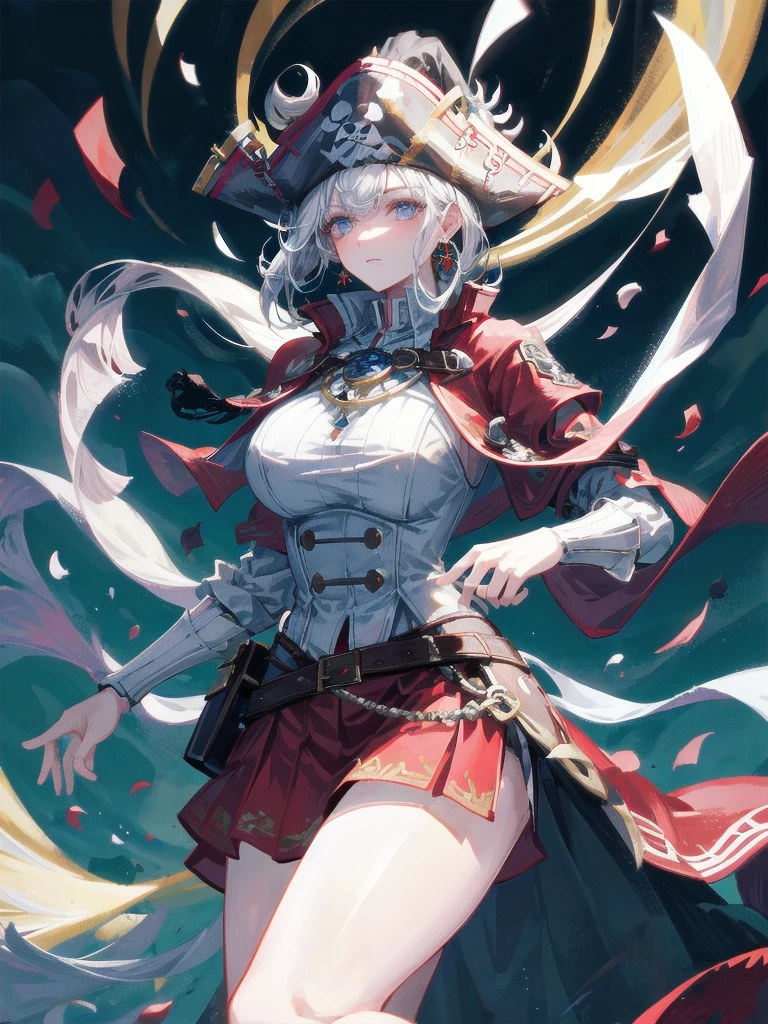 (Practical pirate clothing), Long-sleeved pirate top, Skirt, torn pirate hat, absurdres, RAW photo, extremely delicate and beautiful, masterpiece, Best Quality, ultra high resolution, 32k, hyperrealistic, ultra-detailed, detailed description, pale skin, 20 years old, tearful mole, earring, big tits, short medium hair, wavy hair, whole body shot,
