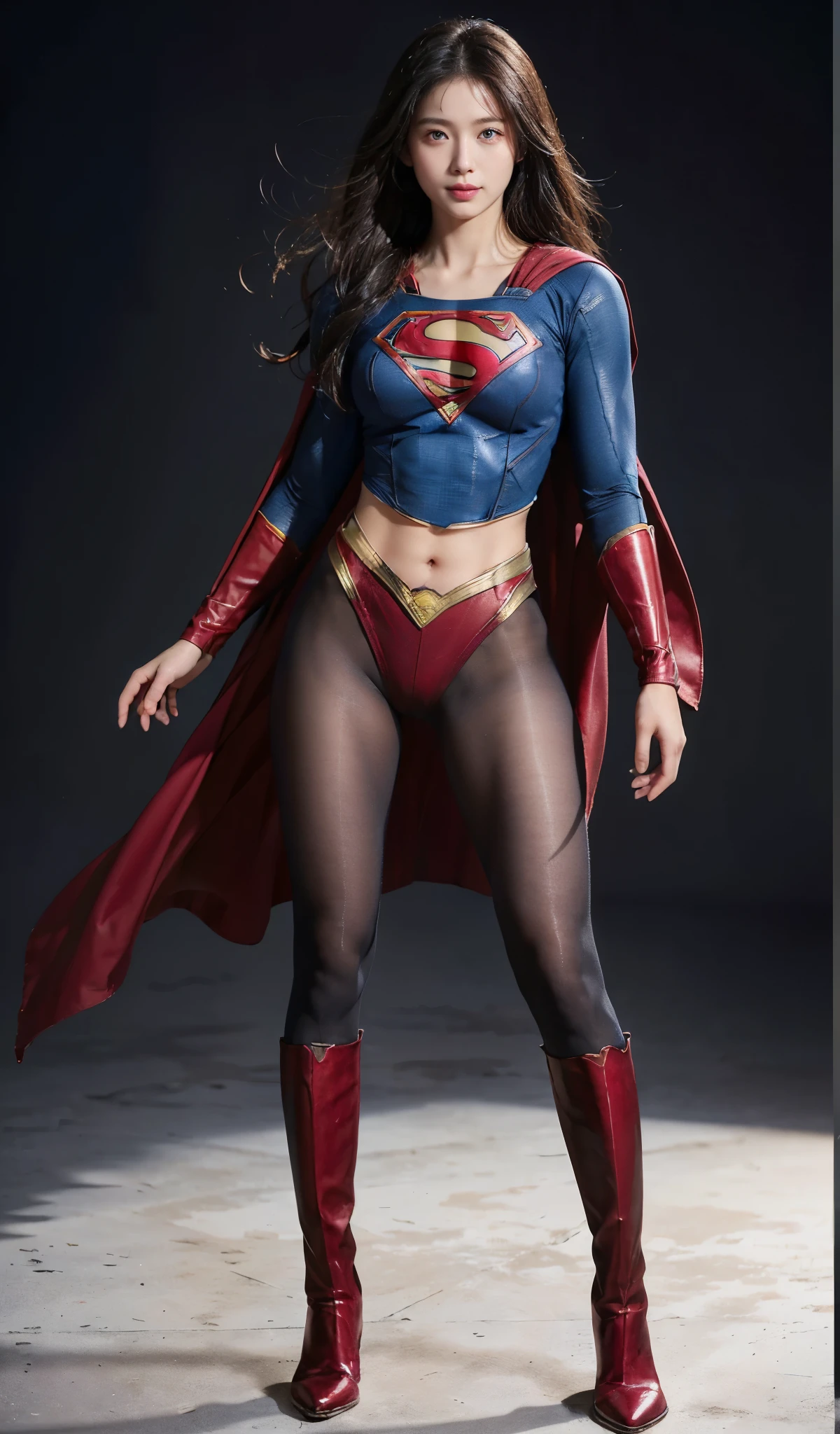 No background、(((Beautiful legs in black tights.)))、(((Legally express the beauty of your smile)))、((((Make the most of your original images)))、(((Supergirl Costume)))、(((Beautiful Hair)))、(((suffering)))、(((Please wear black tights....、Wear red boots)))、((Best image quality、8k))、((highest quality、8k、masterpiece:1.3))、(((Preserve background )))、Sharp focus:1.2、Beautiful woman with perfect figure:1.4、Slim Abs:1.2、Wet body:1.5、Highly detailed face and skin texture、8k