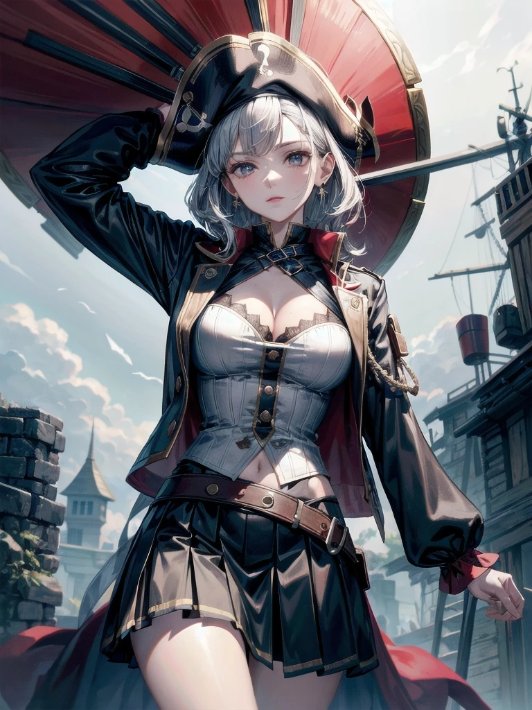 (Practical pirate clothing), Long-sleeved pirate top, Skirt, torn pirate hat, absurdres, RAW photo, extremely delicate and beautiful, masterpiece, Best Quality, ultra high resolution, 32k, hyperrealistic, ultra-detailed, detailed description, pale skin, 20 years old, tearful mole, earring, big tits, short medium hair, wavy hair, whole body shot,