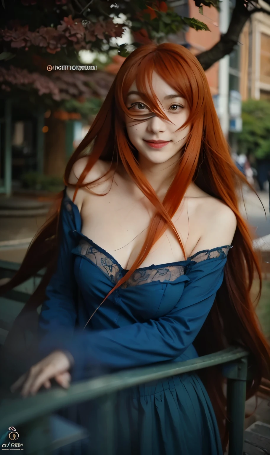 (female,anime,Anime Shippuden,Mei Terumi:1.1),(long hair,orange hair),(green eyes,beautiful detailed eyes,realistic eyes:1.1),(smile,beautiful detailed smile:1.1),(blue clothes,realistic clothes),(city background,urban scenery),(ultra detail,extremely detailed:1.2),(realistic,photorealistic:1.37),(red lips,vivid red lips)