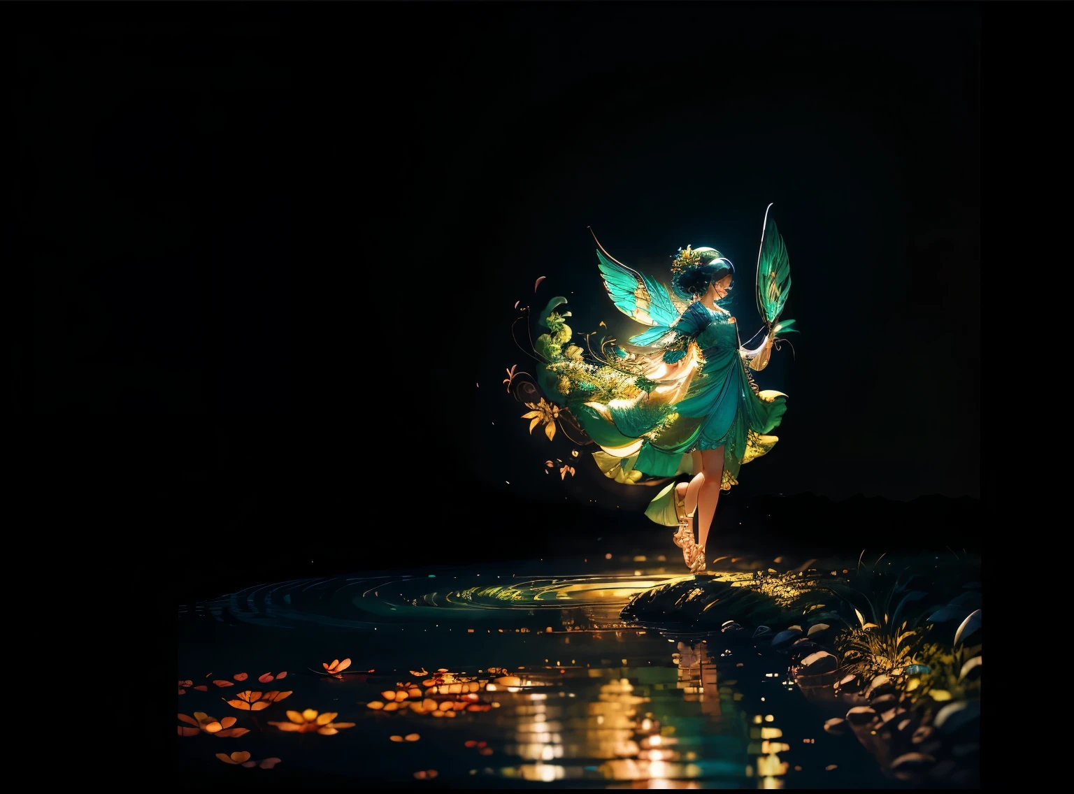 Photorealistic, ultraHD image featuring an enchanting Asian fairy girl. She elegantly strides by a serene river, nestled within the heart of a lush forest. Her mini dress is exquisitely crafted from an array of meticulously detailed green leaves, giving an ethereal and realistic appearance.

In contrast, her large wings, similar to avian wings, are also made from an intricate series of lifelike leaves, glowing softly in the dappled sunlight. The gentle rustling of her wings and the leaves causes a rhythmic symphony of nature as she moves, creating a surreal and captivating atmosphere.

The background showcases the rich colors