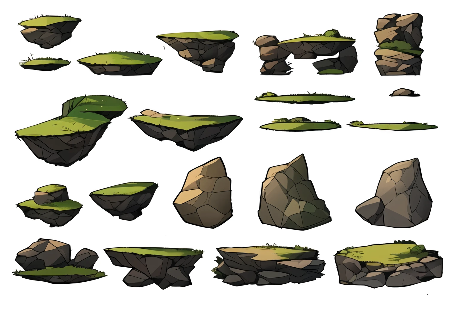 a set of cartoon Rochas and grass with different shapes, video ativo do jogos, ambiente rochoso, ativo do jogos, 2d ativo do jogo, 2 d ativo do jogos, ativo do jogo, arte de fundo, videoativo do jogo, arte detalhada do jogo, arte do jogo 2d, arte do jogo 2D, Planalto Rochoso, Rochas, Rochas), ativo do jogo sheet, prop Rochas, Arte conceitual 2D