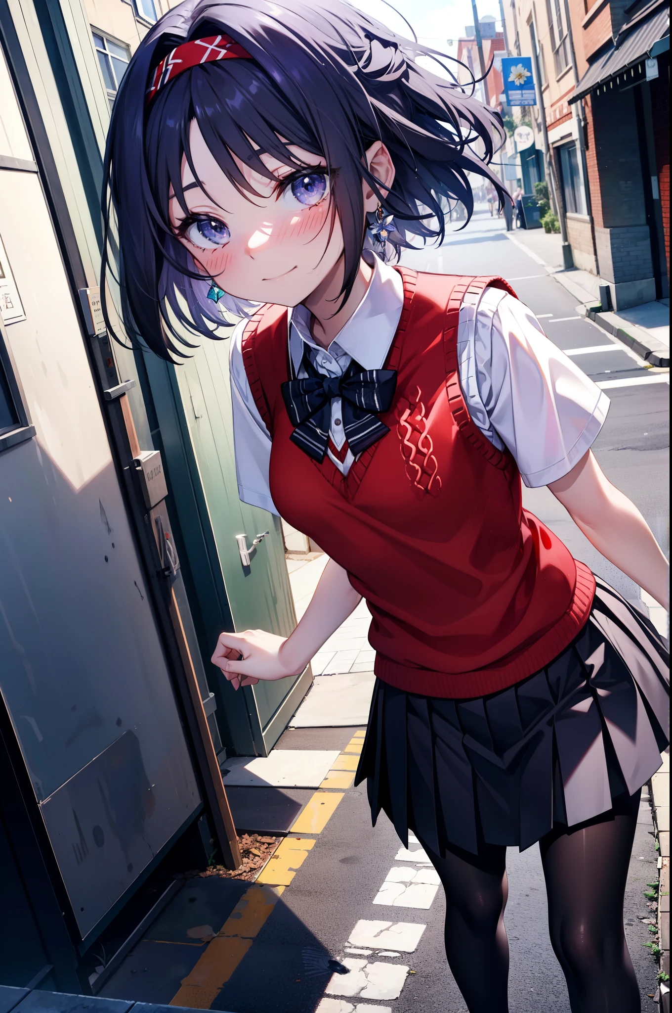 yuukikonno, Yuki Konno,Black Hair,short hair,Bob Hair ,Green Headband,(Iris:1.5), (Small breasts:1.2), smile,break skirt, shirt, bow, ribbon, , white shirt, Short sleeve, Pleated skirt, collared shirt, mini skirt, bowtie, 茶色のloafers , Black Skirt, Black pantyhose, loafers, black bow, Sweater vest, (red Sweater vest:1.5),whole bodyがイラストに入るように,Walking,
break outdoors,  In town,Building district,
break looking at viewer, whole body,
break (masterpiece:1.2), highest quality, High resolution, unity 8k wallpaper, (shape:0.8), (Beautiful details:1.6), Highly detailed face, Perfect lighting, Highly detailed CG, (Perfect hands, Perfect Anatomy),