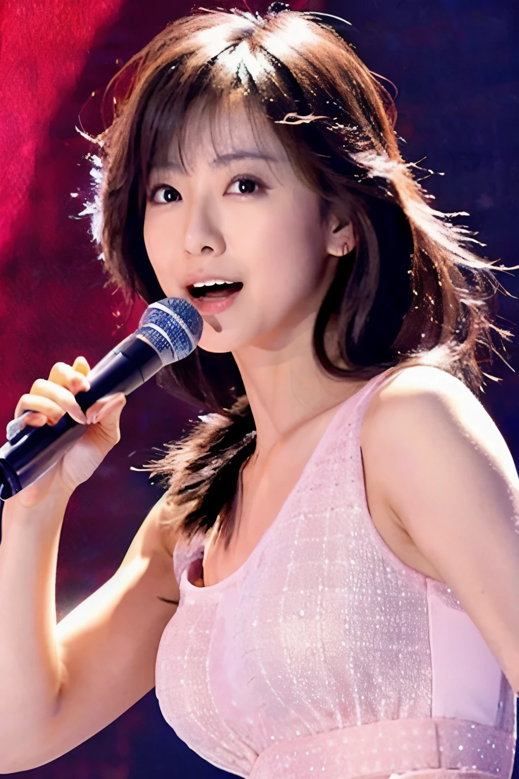 Masterpiece, High quality, high resolution, Skinny Japanese woman, 30 years old, cute face, ((detailed face, detailed eyes)), small breasts, very thin waist, slender legs, singing on the stage in her concert, beautiful dress, 