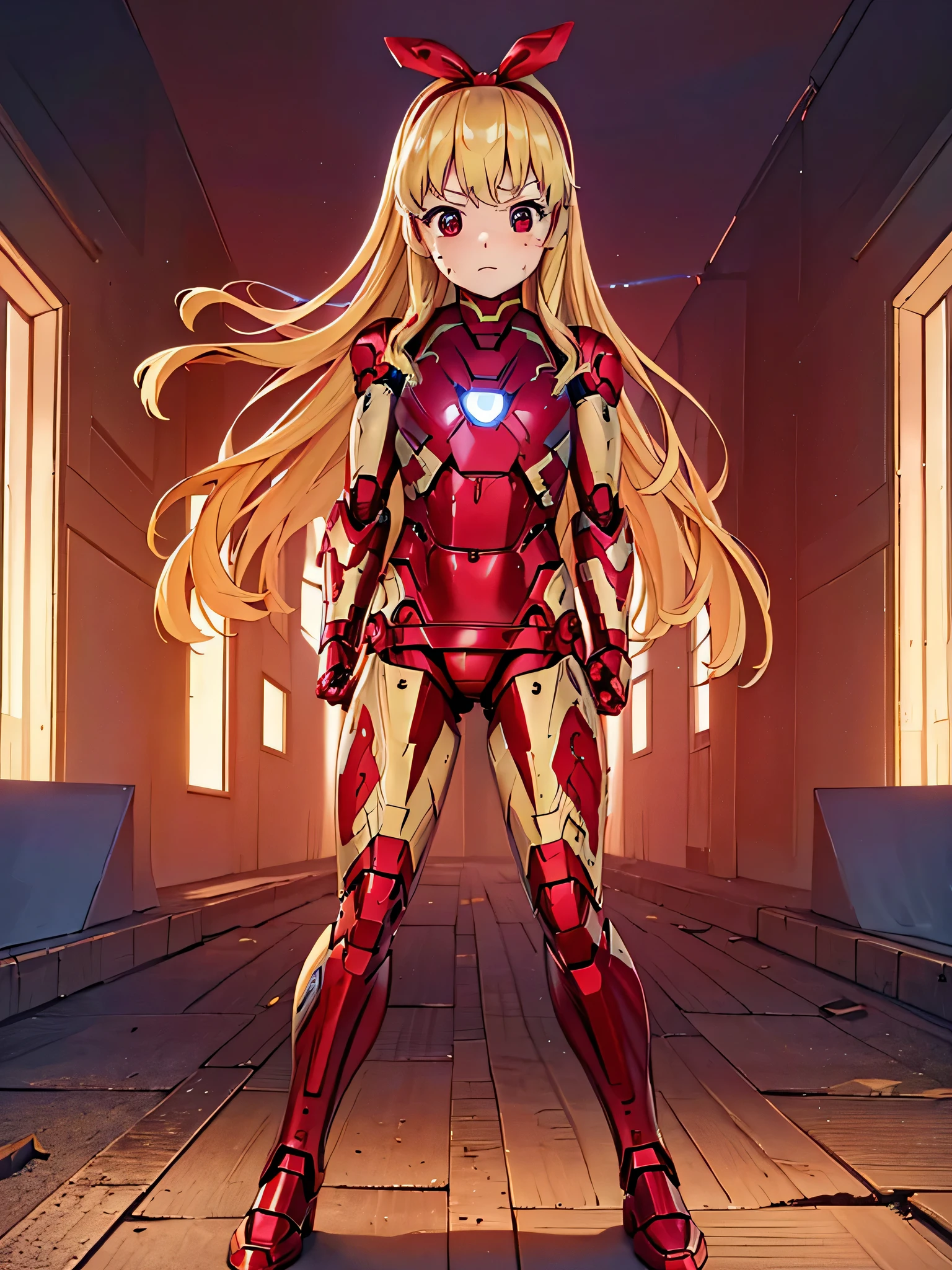 (red ribbon on hairband:1.2),(masterpiece, best quality, highres),BlondeHAIR,、、Long Hair、Small breasts、Small breasts、Body Type、injured body、((damaged iron man suit、Crotch crack))、City of night、Rooftop、Boxing stance、8 year old 、Realistic bodfield、Fight the enemy