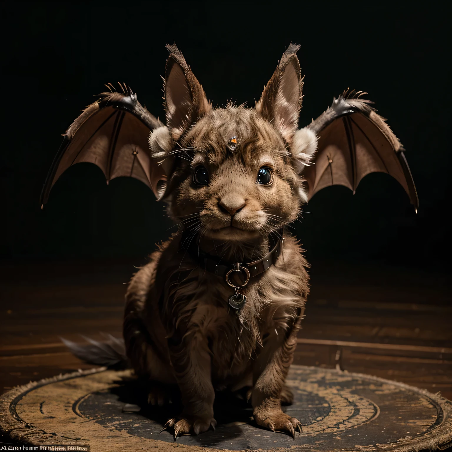 This creature has the body of a small dinosaur like a Velociraptor, covered in soft, iridescent fur like that of an Angora rabbit. Its head is that of a baby elephant, with large, expressive eyes and floppy ears. The creature has the wings of a bat, large and membranous, with a translucent quality that reveals delicate vein patterns when backlit. For a touch of cuteness, the creature has a bushy, squirrel-like tail that curls at the end, covered in soft, rainbow-colored fur. It wears a tiny, intricately designed saddle adorned with gemstones, suggesting it is a mount for a fairy or small mythical rider. Around its neck, it sports a collar made of flowers that glow softly in the dark, adding a magical touch to its appearance. For a humorous twist, the creature has a beak like that of a platypus, complete with a silly, playful expression. It wears a small, comically oversized top hat and a monocle over one eye, giving it a dapper, yet ridiculous look. Additionally, it carries a tiny briefcase with it, as if it is off to an important meeting in a fantastical world. To inspire fear, the creature has sharp, talon-like claws on its feet and hands, and its fur transitions to spiky, armored scales along its back. Its eyes glow a menacing red, and its bat wings are tattered and scarred, suggesting it has survived many battles. It wears a menacing, spiked collar, and its saddle is adorned with dark, twisted metal, giving it a sinister, war-ready appearance. Regardless of the emotion, this creature should appear majestic and otherworldly, combining familiar elements in a unique and imaginative way. Ensure all details are vivid and coherent, creating a consistent and striking image of this fantastical beast.