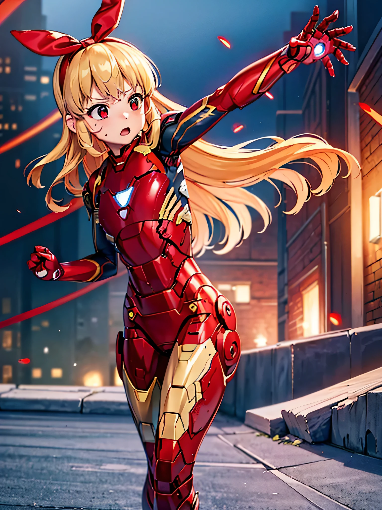 (red ribbon on hairband:1.2),(masterpiece, best quality, highres),BlondeHAIR,Primary school students、、Long Hair、Small breasts、Small breasts、Body Type、injured body、((damaged iron man suit、Crotch crack))、City of night、Rooftop、Boxing stance、8 year old 、Realistic body、battlefield、Fight the enemy