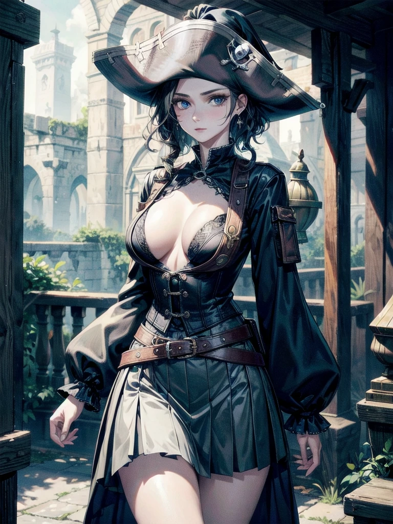 (Practical pirate clothing), Long-sleeved pirate top, Skirt, torn pirate hat, absurdres, RAW photo, extremely delicate and beautiful, masterpiece, Best Quality, ultra high resolution, 32k, hyperrealistic, ultra-detailed, detailed description, pale skin, 20 years old, tearful mole, earring, big tits, short medium hair, wavy hair, whole body shot,