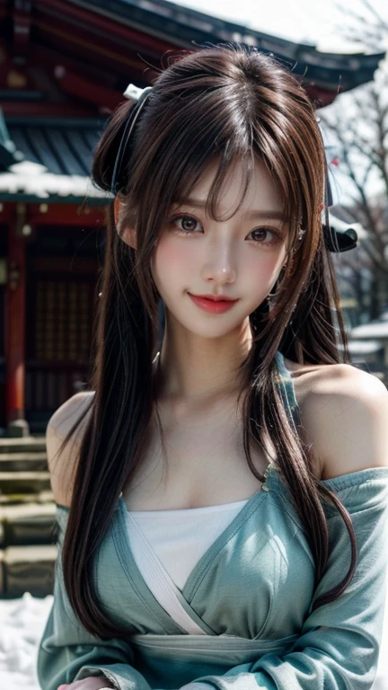 (masterpiece:1.3, highest quality, Ultra-high resolution, Very detailed), (Realistic, photoRealistic:1.4), Beautiful illustrations, Perfect lighting, Natural light, colorful, Written boundary depth, nfsw,
Looking at the audience, (Face Focus, Upper Body), 1 girl, Japanese, high school girl, Perfect Face, Symmetrical cute face, Shiny skin,
(Mid-length hair:1.5, Low Twintails:1.7, Brown Hair), Asymmetrical bangs, Dark red eyes, (Medium chest),
Beautiful Hair, Beautiful Face, Fine and beautiful eyes, Beautiful clavicle, Beautiful body, Beautiful breasts, Beautiful thighs, Beautiful legs, Beautiful fingers,
((shrine maiden clothes, Long sleeve, for a long time, Hair Ribbon)), (Cute Smile, Upper Eye, Lips parted), Off the shoulder
(Beautiful views), winter, dawn, (new year, First visit), (shrine), crowd, snow, snowfall:1.5, Frozen Weather, Frost, Are standing, walk,