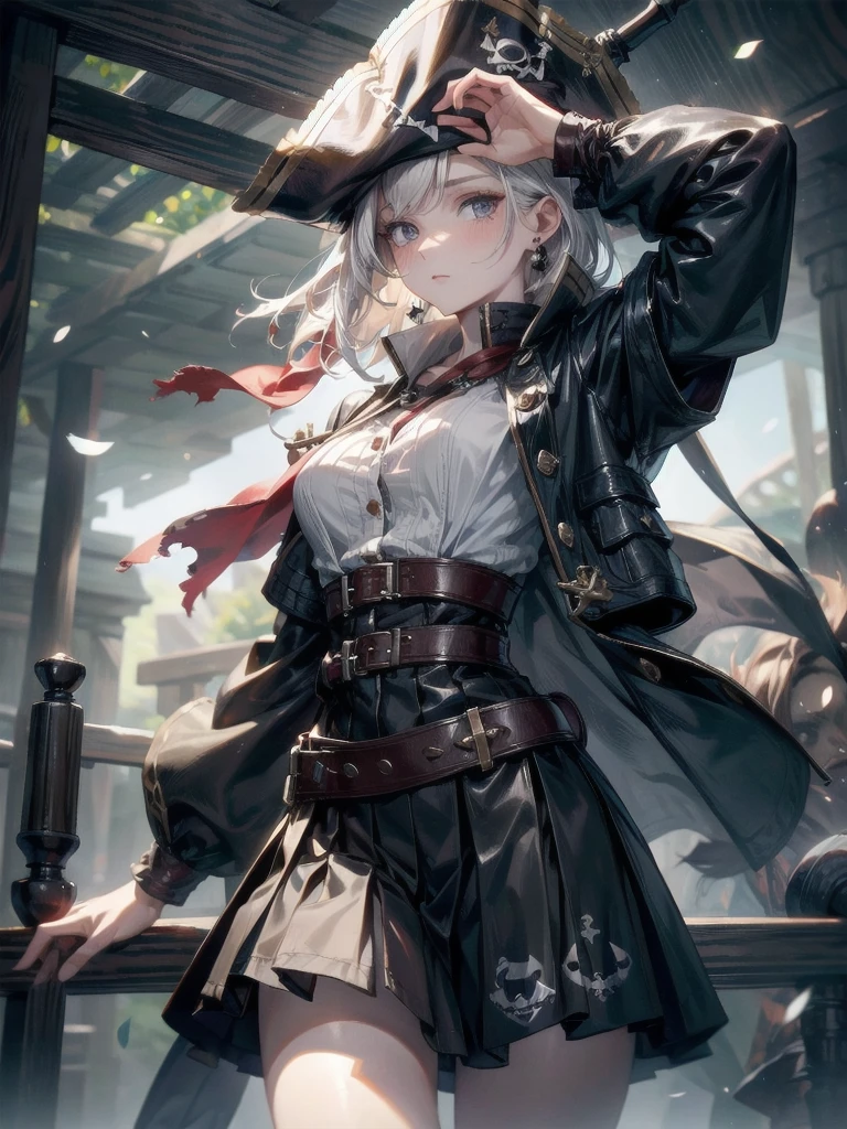 (Practical pirate clothing), Long-sleeved pirate top, Skirt, torn pirate hat, absurdres, RAW photo, extremely delicate and beautiful, masterpiece, Best Quality, ultra high resolution, 32k, hyperrealistic, ultra-detailed, detailed description, pale skin, 20 years old, tearful mole, earring, big tits, short medium hair, wavy hair, whole body shot,
