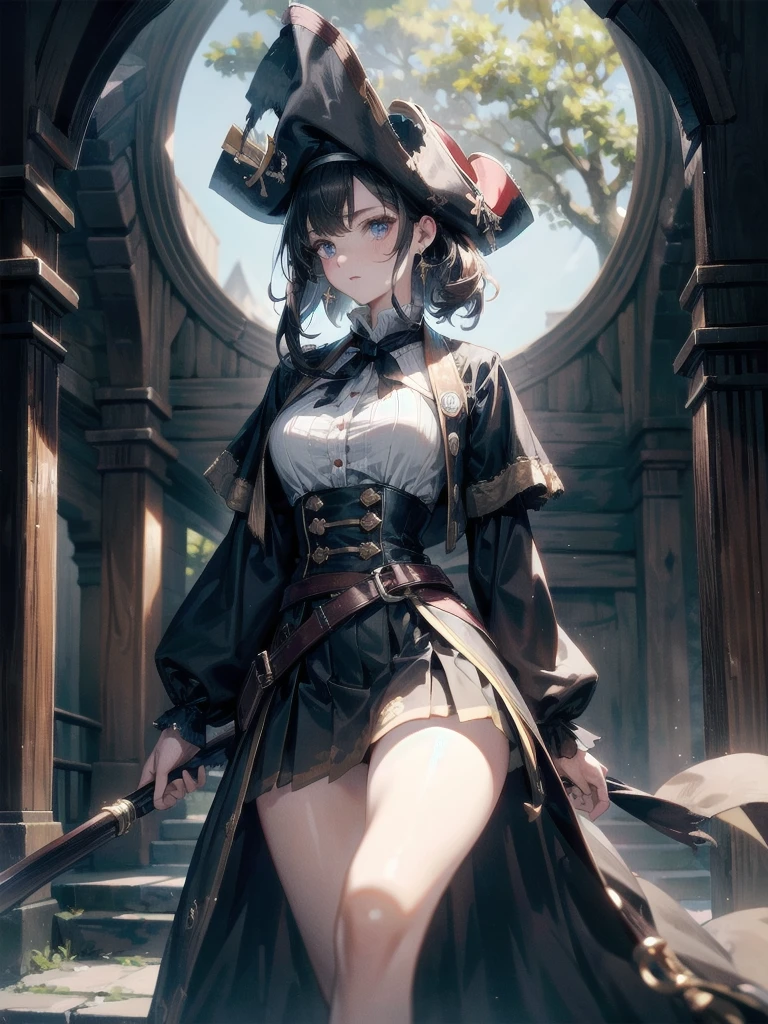 (Practical pirate clothing), Long-sleeved pirate top, Skirt, torn pirate hat, absurdres, RAW photo, extremely delicate and beautiful, masterpiece, Best Quality, ultra high resolution, 32k, hyperrealistic, ultra-detailed, detailed description, pale skin, 20 years old, tearful mole, earring, big tits, short medium hair, wavy hair, whole body shot,