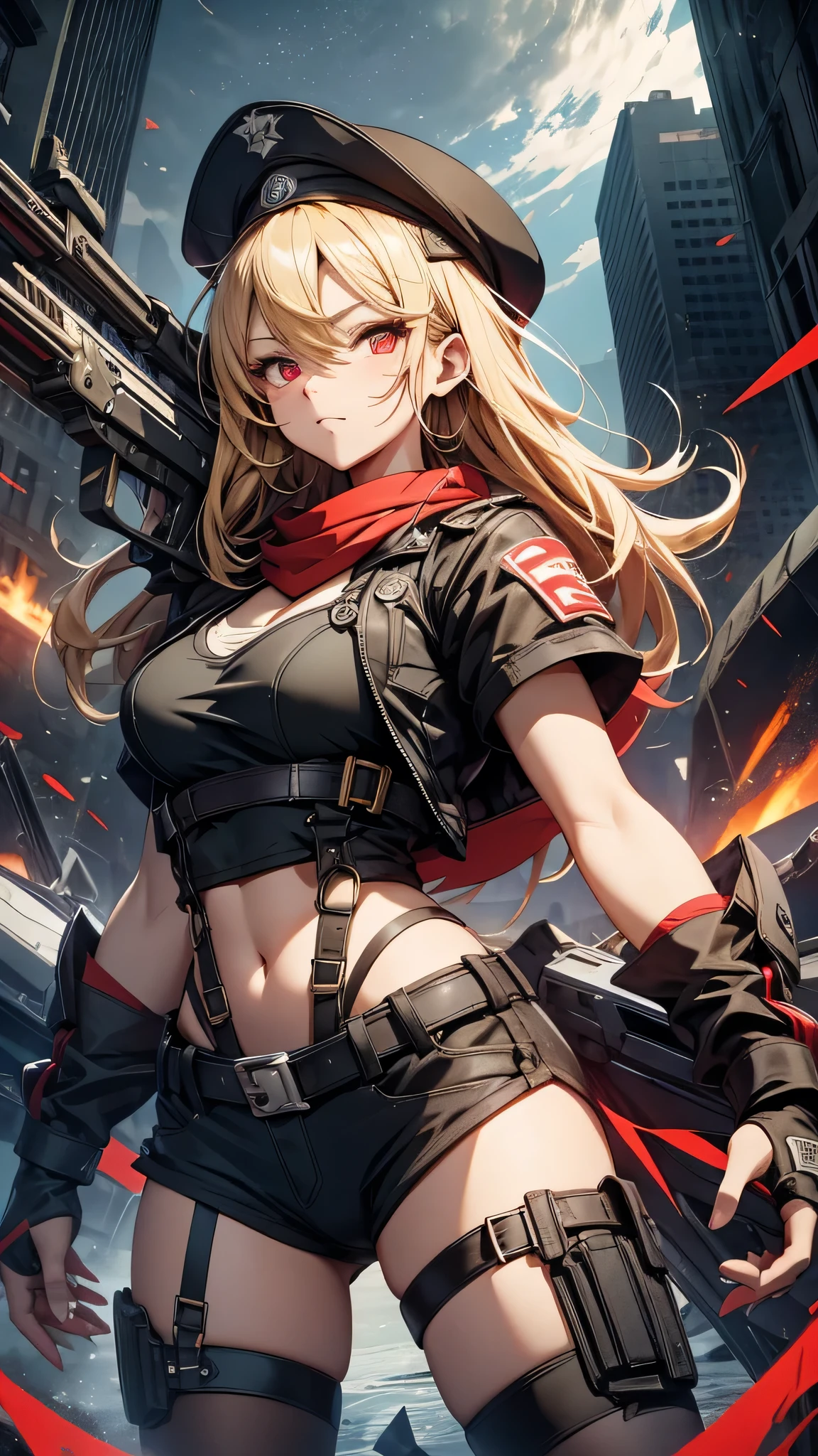 最high quality、Best image quality、masterpiece、girl((Age 25、 By becoming、Best Bust、Medium Bust,Wide open breast tea、Red glowing eyes,Blonde、Red Mesh、Disheveled Hair、Lointail、thin,The highest valley、Open chest、Luminous Wristbands、hair ornaments、Show the whole body,Black tank top、Red Bandana、Shortuscular、revolver、scar、Military Cap、Shooting Pose、Full body scar、Fighting Pose、Short sleeve jacket)),high quality、Beautiful art、background((Photography room))、Flight、Flying debris、Written boundary depth、movie、Visual Arts、Perfect art、8K,Genuine,
