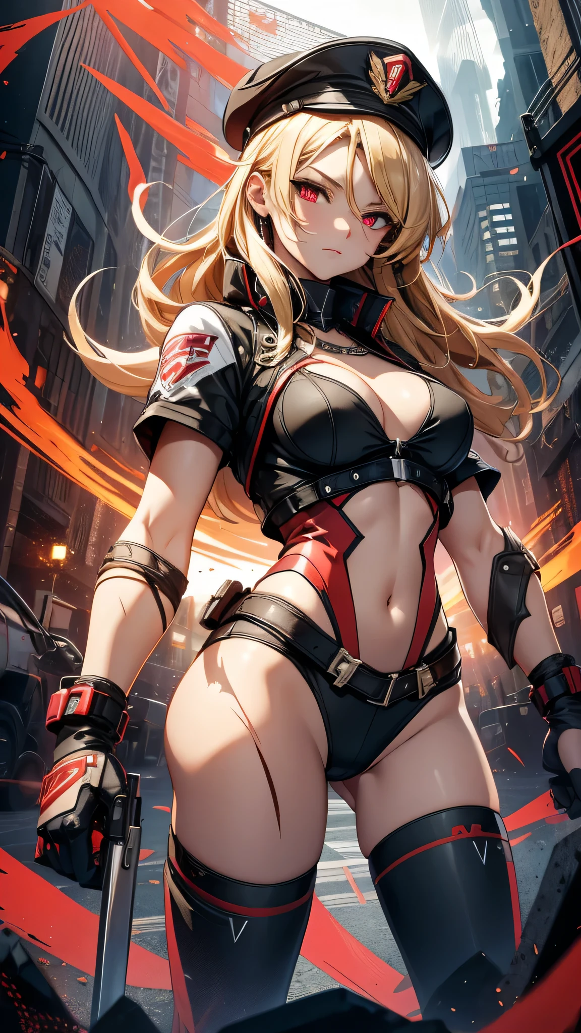 最high quality、Best image quality、masterpiece、girl((Age 25、 By becoming、Best Bust、Medium Bust,Wide open breast tea、Red glowing eyes,Blonde、Red Mesh、Disheveled Hair、Lointail、thin,The highest valley、Open chest、Luminous Wristbands、hair ornaments、Show the whole body,Black tank top、Red Bandana、Shortuscular、revolver、scar、Military Cap、Shooting Pose、Full body scar、Fighting Pose、Short sleeve jacket)),high quality、Beautiful art、background((Photography room))、Flight、Flying debris、Written boundary depth、movie、Visual Arts、Perfect art、8K,Genuine,
