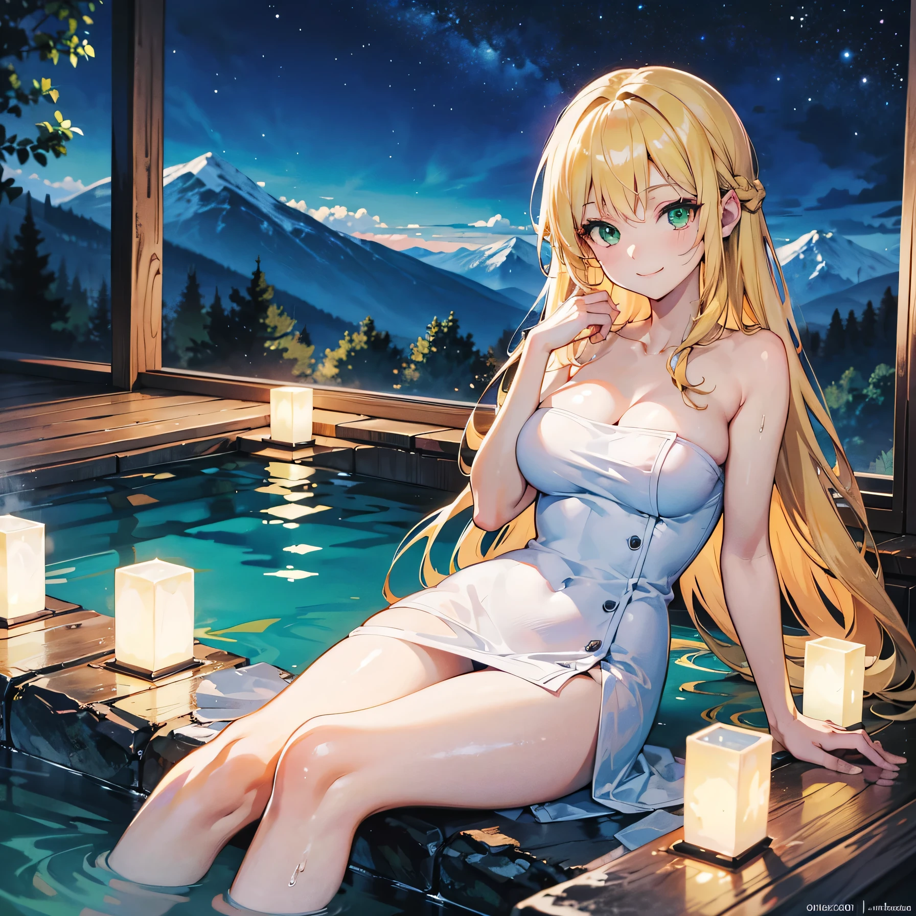 Anime Moe Art Style,highest quality,High resolution,Anatomically correct,One Woman,Twenty years old,Blonde,Super long hair,Upstyle Hair,Green Eyes,Super detailed,Fantasy Style,Medium sized breasts,smile,night,In the mountains,Taking a bath in a hot spring,Wrapped in a bath towel,8K