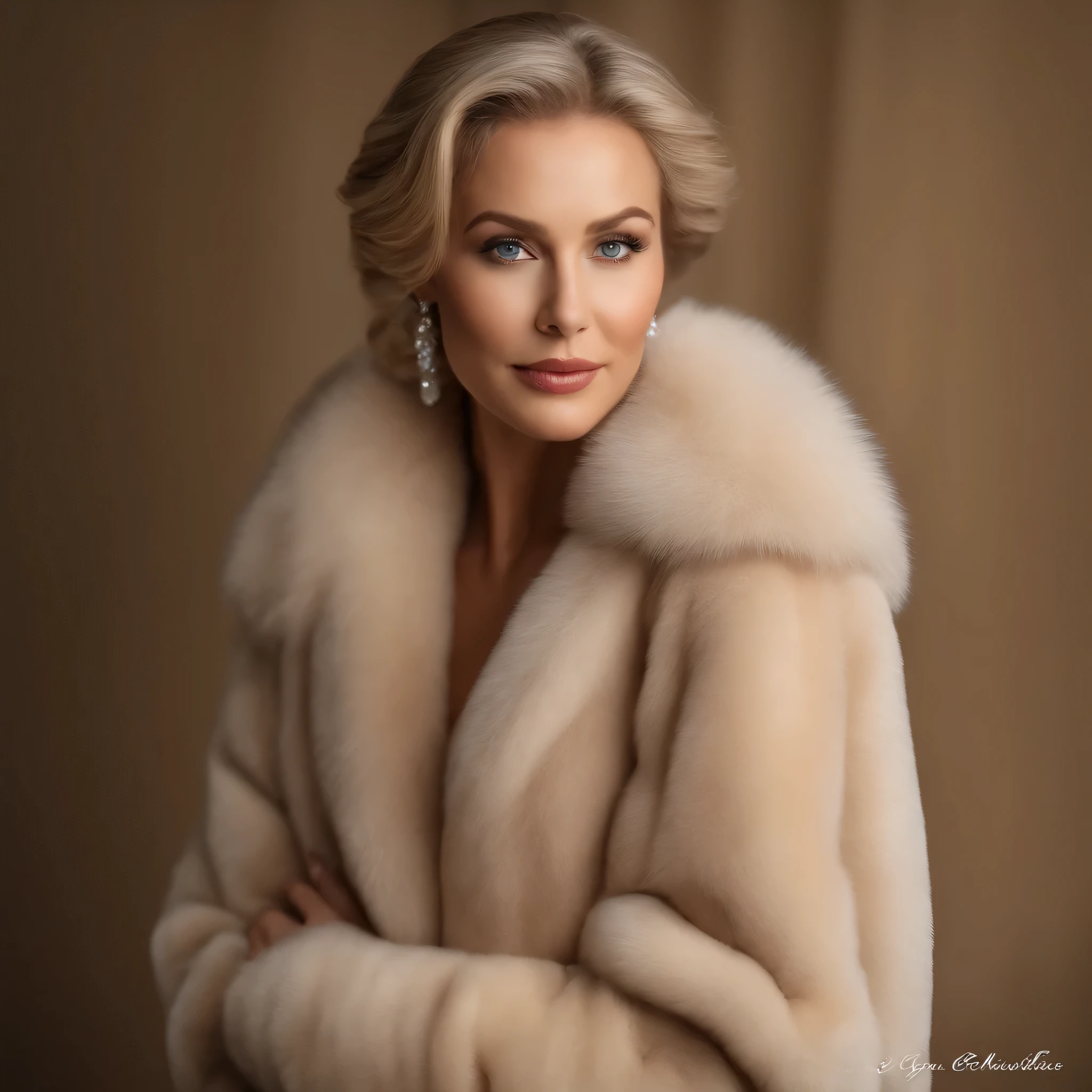 35 ans, Jane Manson, jeune, visage rond, Un regard captivant, Yeux verts, cheveux blonds,A very wide and very thick, very short sand mink fur coat, fifty centimeters d'thickness, duveteux, naturel, with an ultra thick white and sand mink fur collar, Trois couches, souriante, fully nude front view, bare shoulders, and two big breasts revealed by the fur, Detailed wrinkles (8k, high resolution, Ultra-quality, A quality of'image ultra élevée, Ultrarealistic, Best quality:1.2) (gros seins en bonnet D:1.1), eyes visible through the hair, with silver gray hair, cut hair, Bonne position des yeux, Cinematic light, Soft light, lombes, la nuit, detailed color background, Convoluted, very detailed, 8k, Overall Silhouette, posant professionnellement sur un canapé penthouse, En regardant directement la caméraUne photo d'une femme souriante Nikon D850, Objectif 85 mm